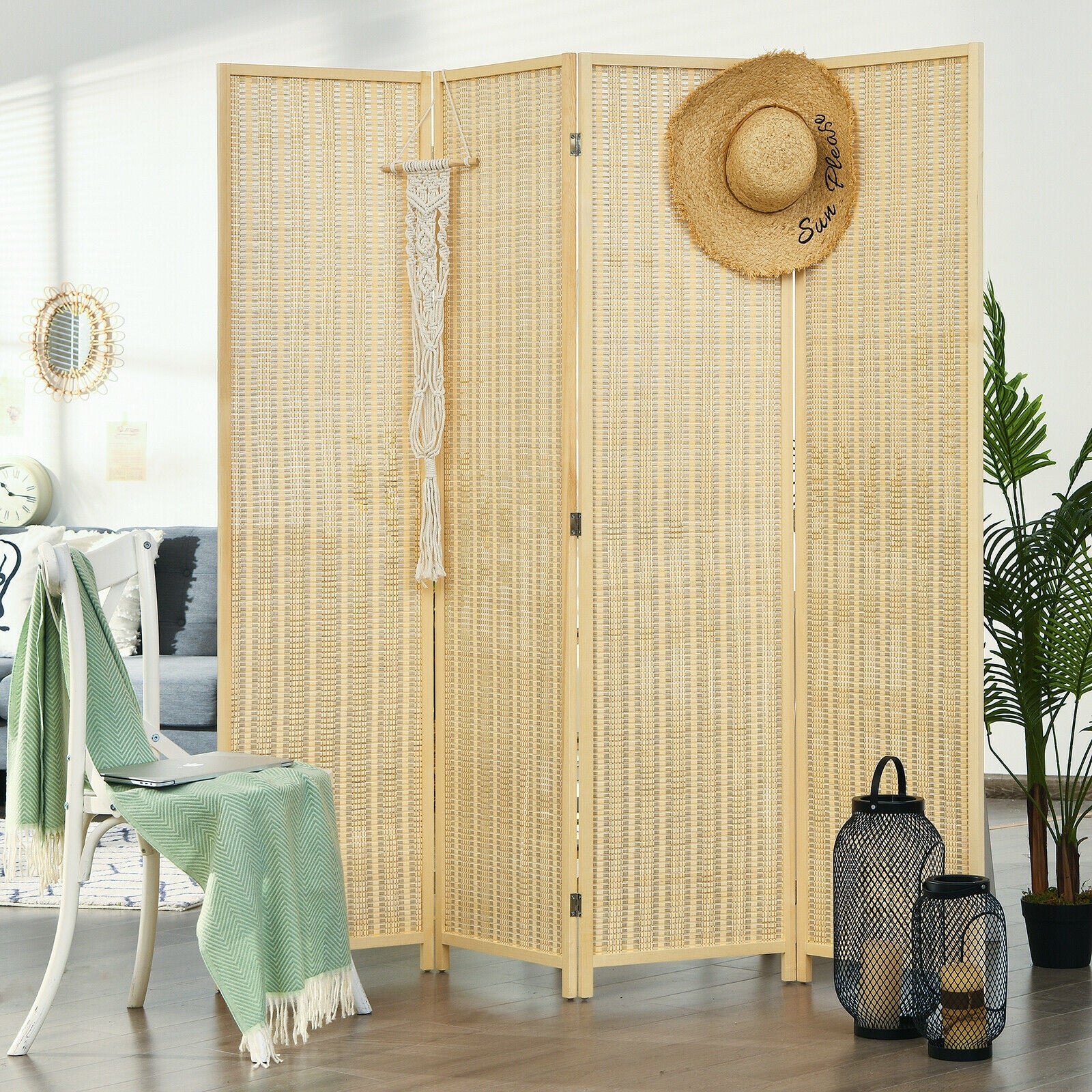 6 ft 4 Panel Portable Folding Room Divider Screen, Natural - Image 8