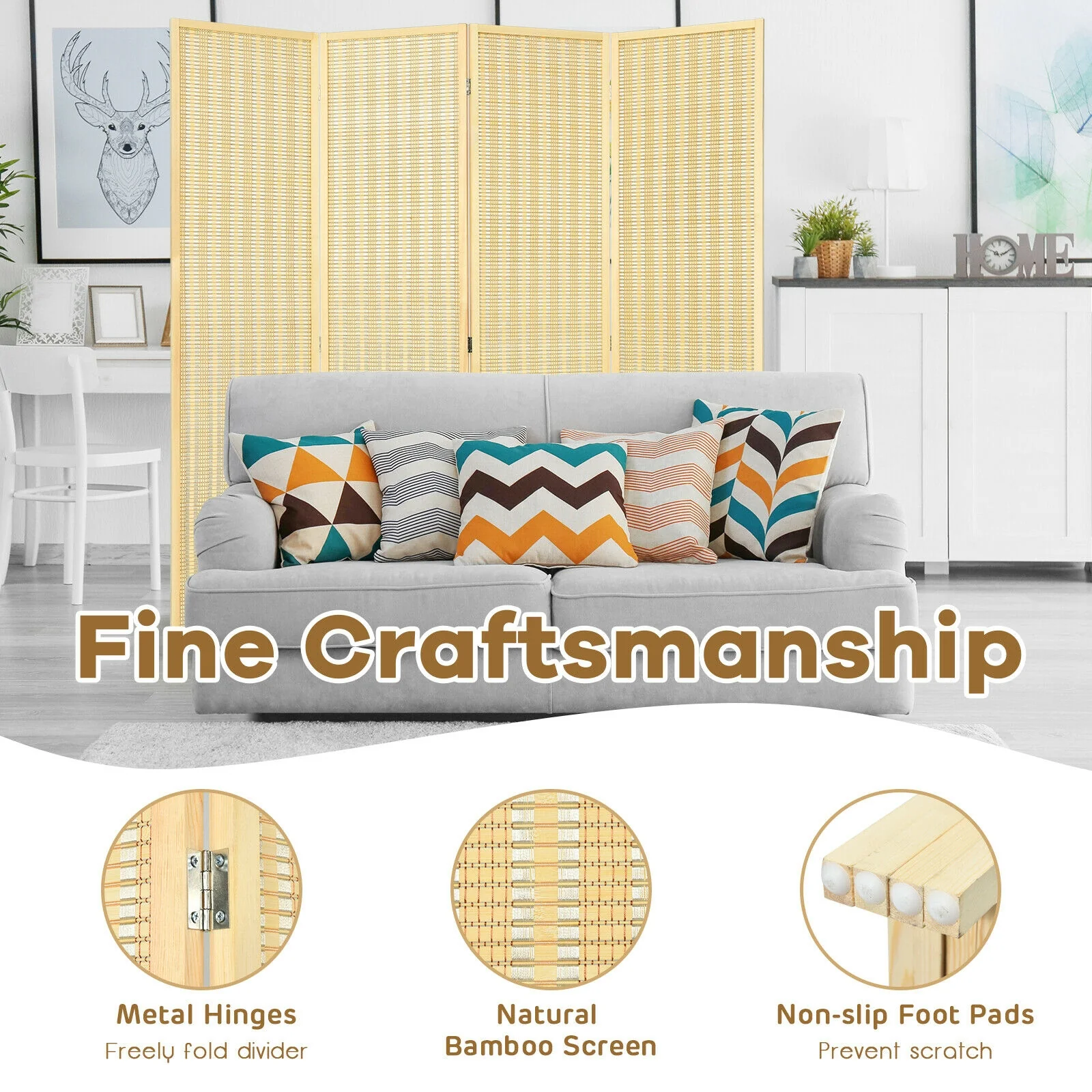 6 ft 4 Panel Portable Folding Room Divider Screen, Natural - Image 9