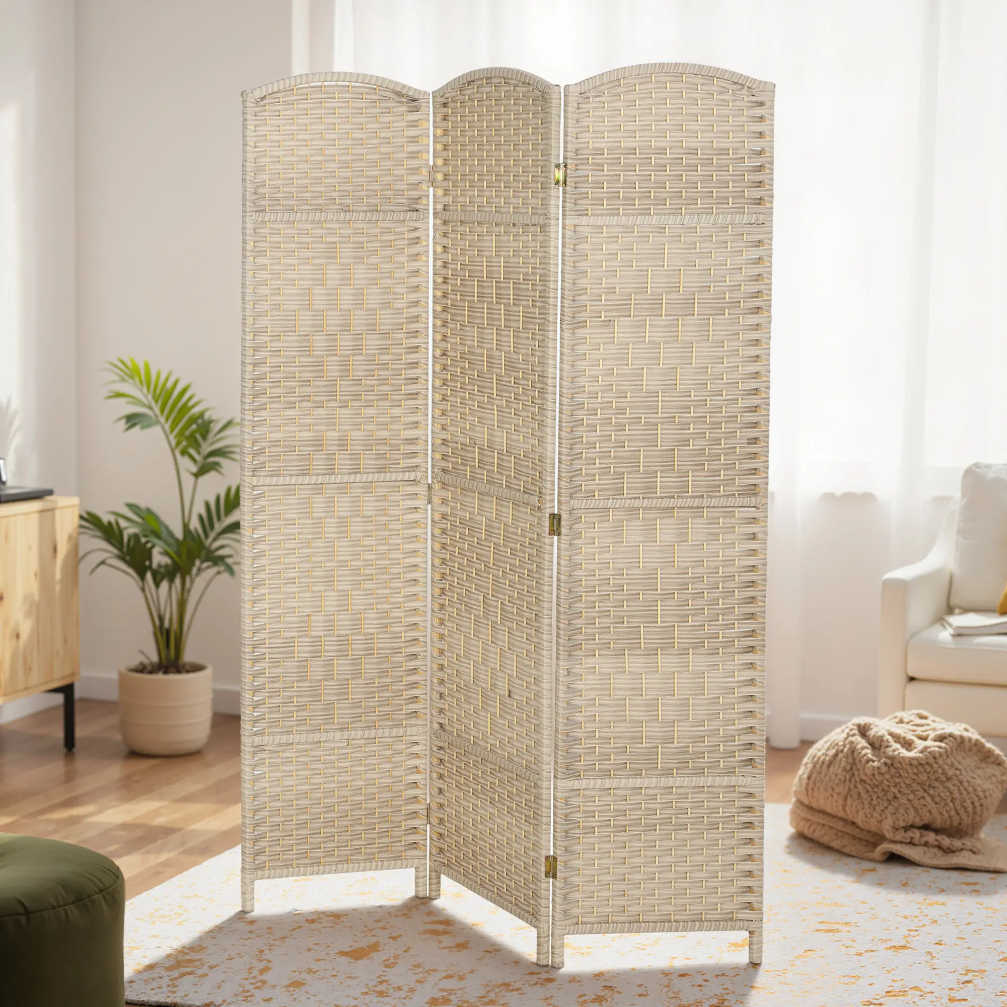 6 Ft Folding Room Divider, 3 Panel Privacy Screen, Light Oak - Image 2