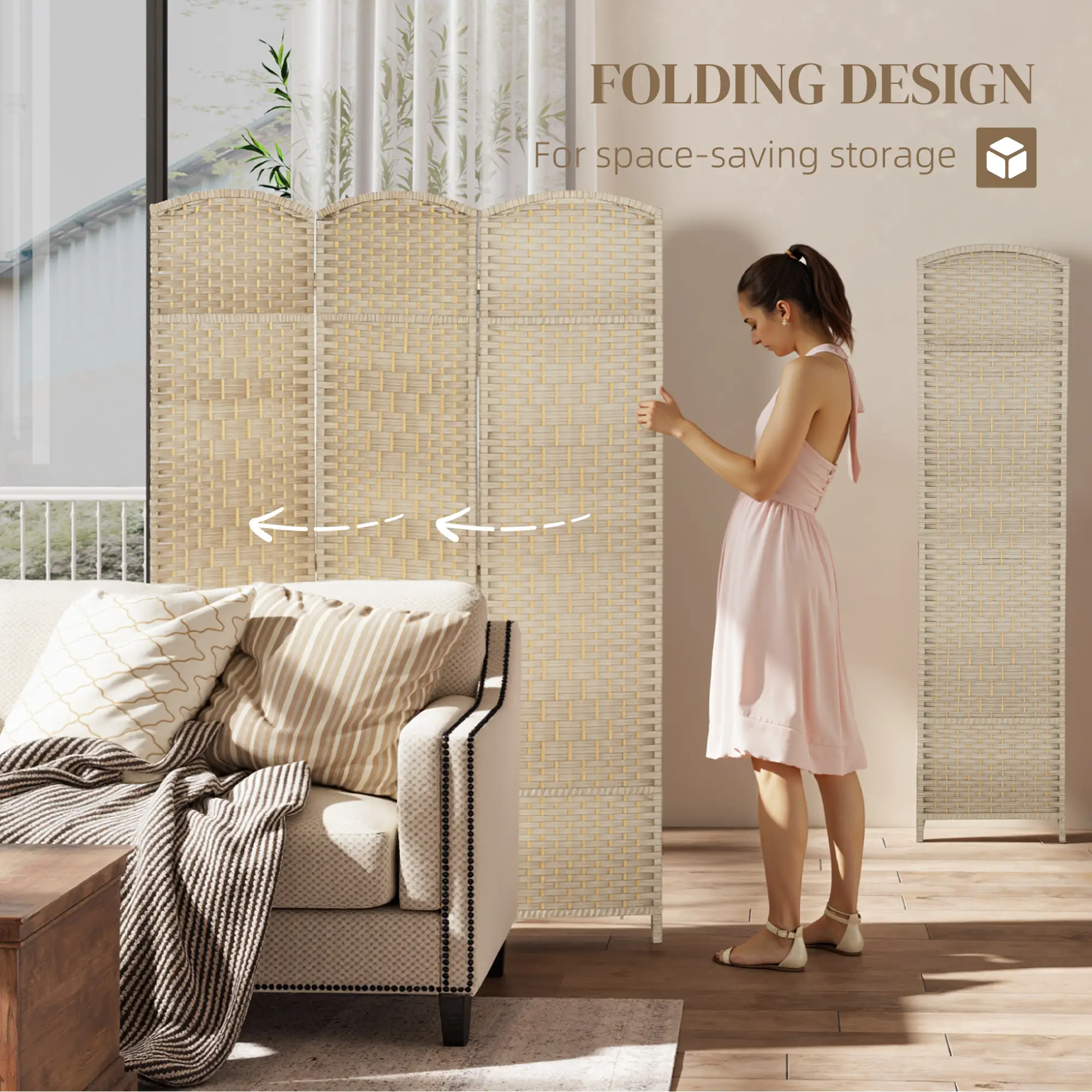 6 Ft Folding Room Divider, 3 Panel Privacy Screen, Light Oak - Image 4
