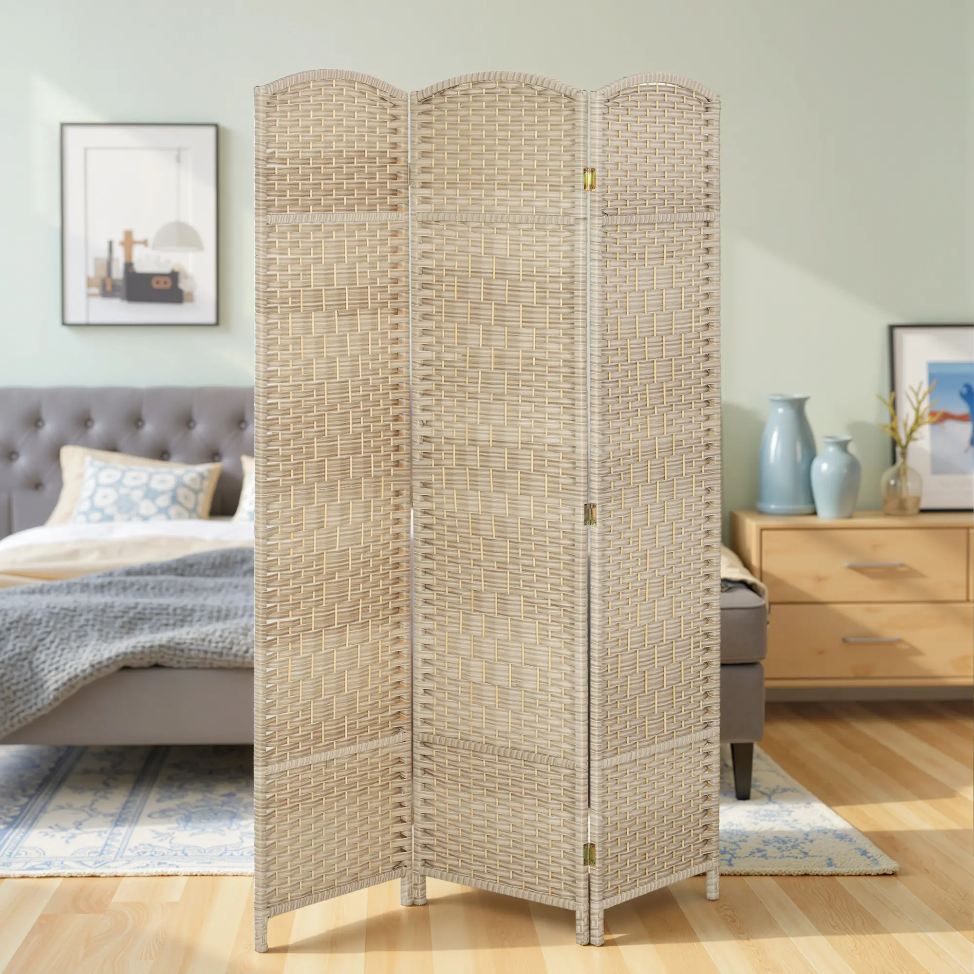 6 Ft Folding Room Divider, 3 Panel Privacy Screen, Light Oak - Image 8