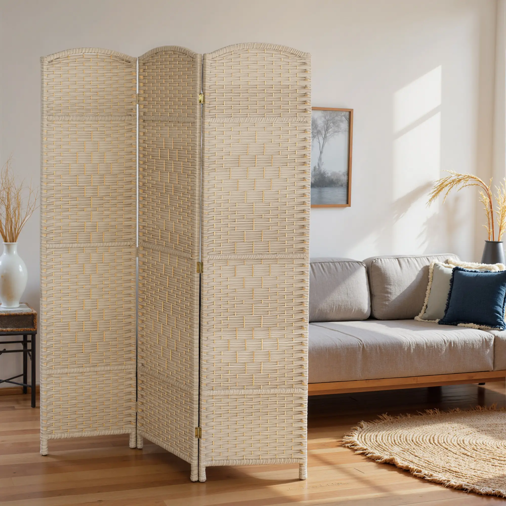 6 Ft Folding Room Divider, 3 Panel Privacy Screen, Light Oak - Image 9