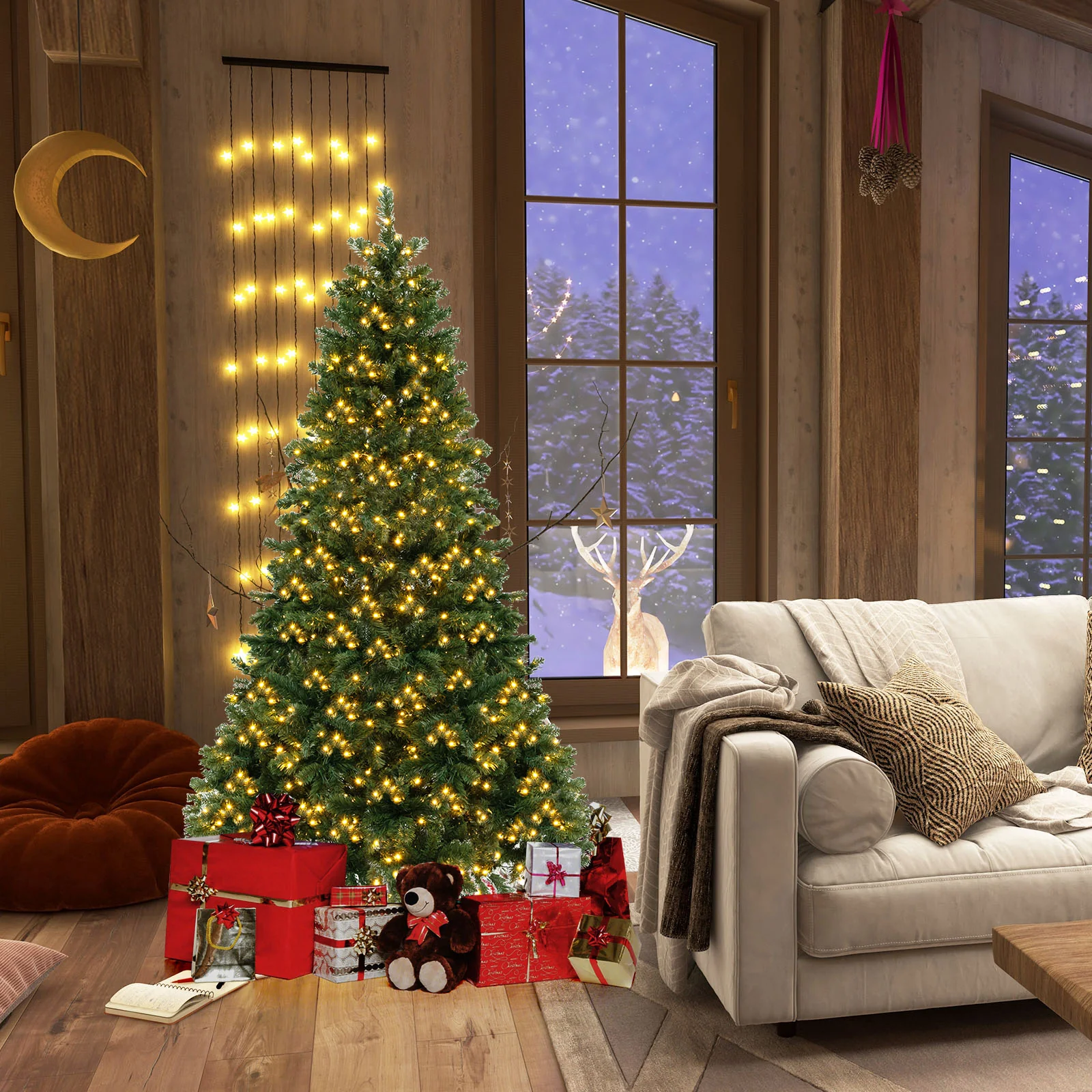 6 Ft Hinged Christmas Tree, PVC Branch Tips, Warm White LED Lights, Green - Image 3