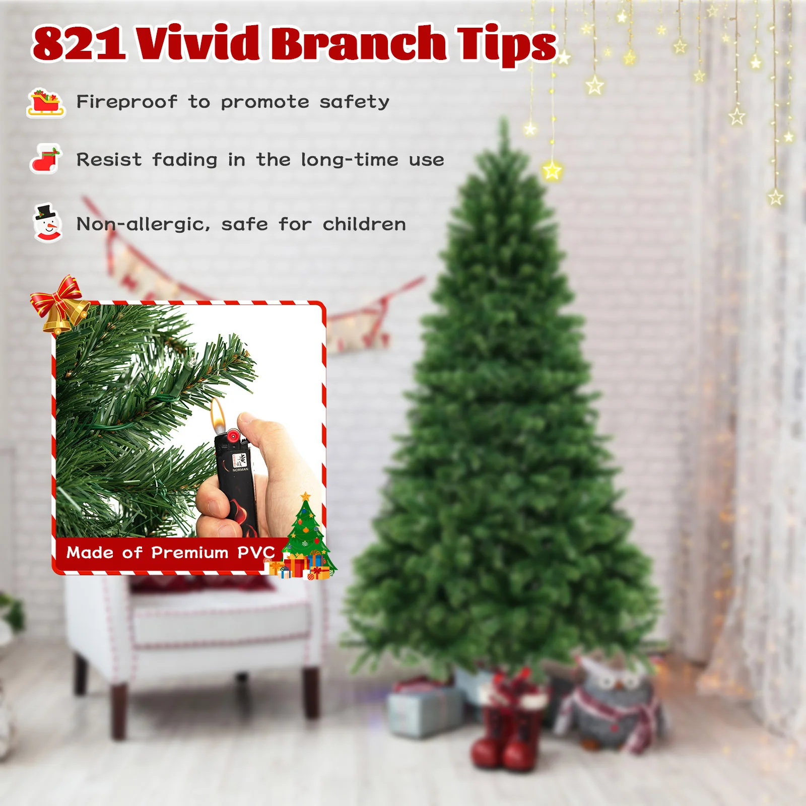 6 Ft Hinged Christmas Tree, PVC Branch Tips, Warm White LED Lights, Green - Image 7