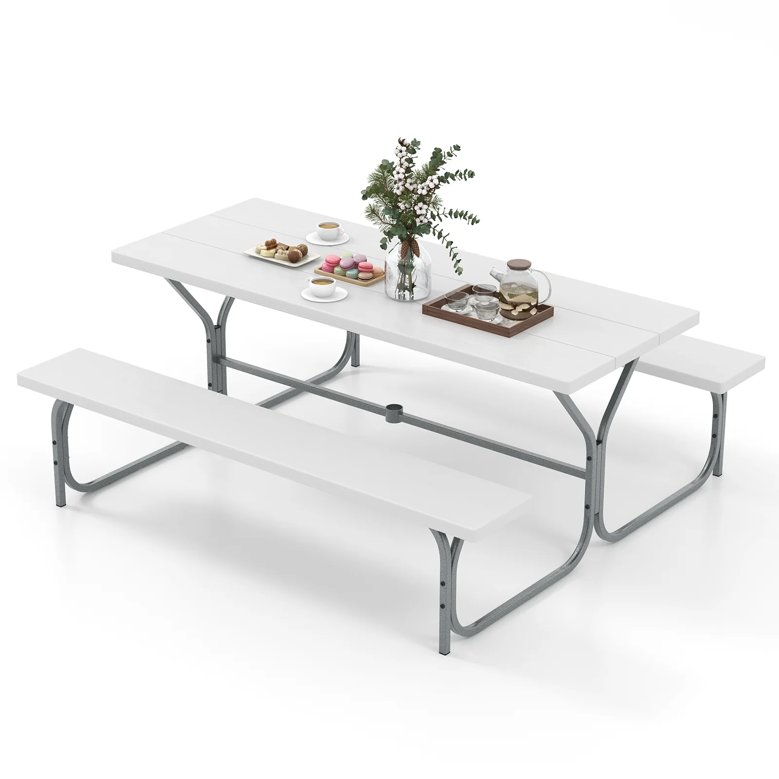 6 FT Picnic Table Bench Set, Metal Frame, HDPE Tabletop, White