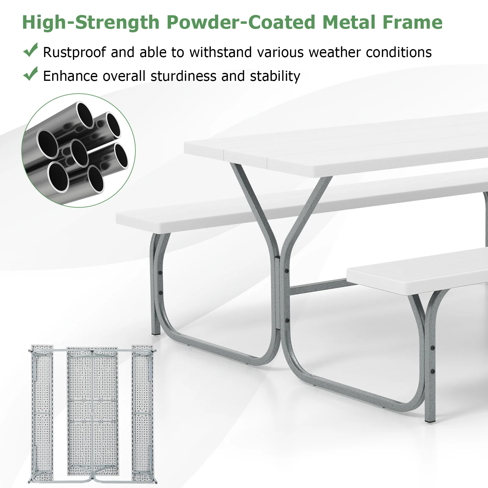 6 FT Picnic Table Bench Set, Metal Frame, HDPE Tabletop, White - Image 10
