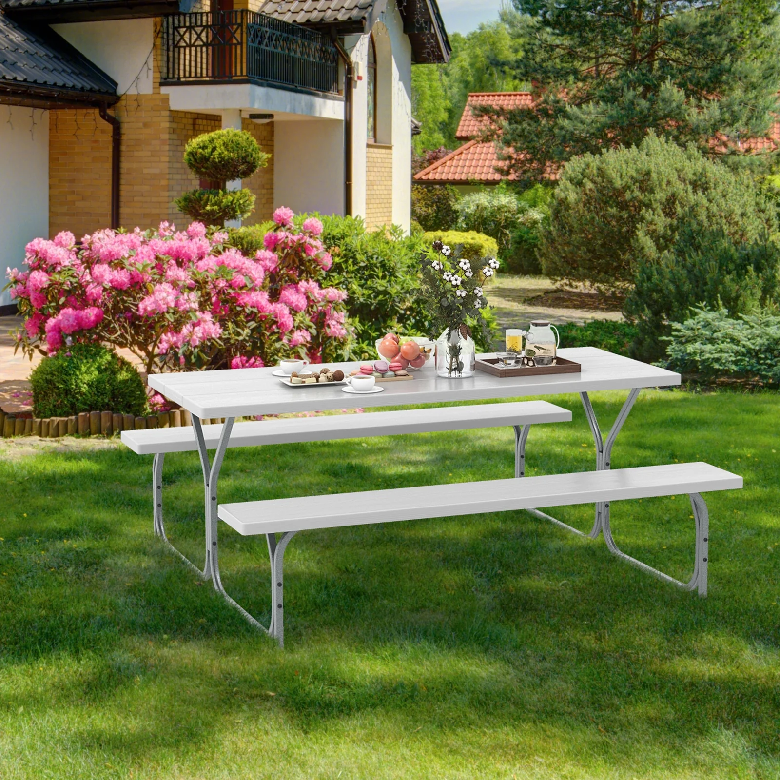6 FT Picnic Table Bench Set, Metal Frame, HDPE Tabletop, White - Image 2