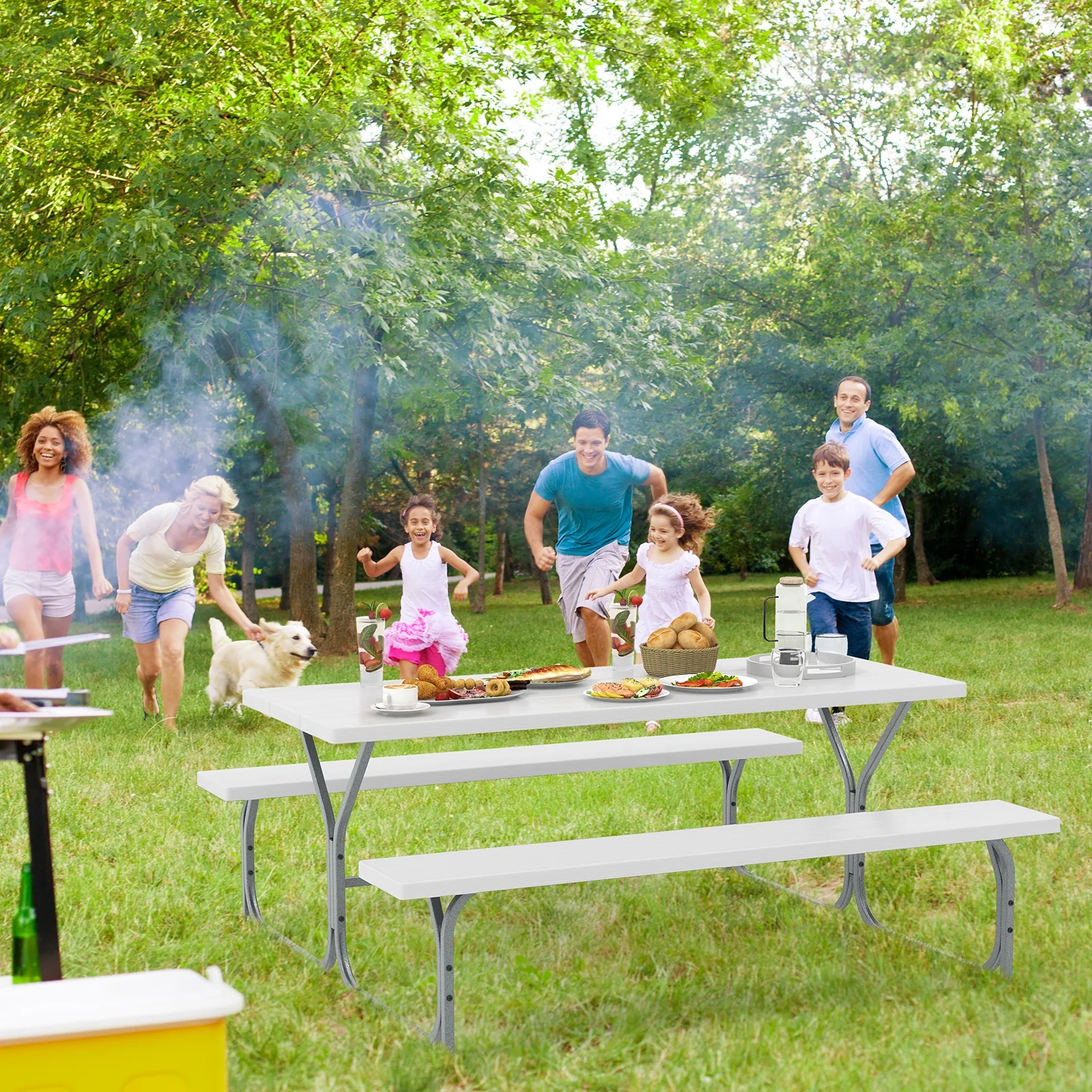 6 FT Picnic Table Bench Set, Metal Frame, HDPE Tabletop, White - Image 3