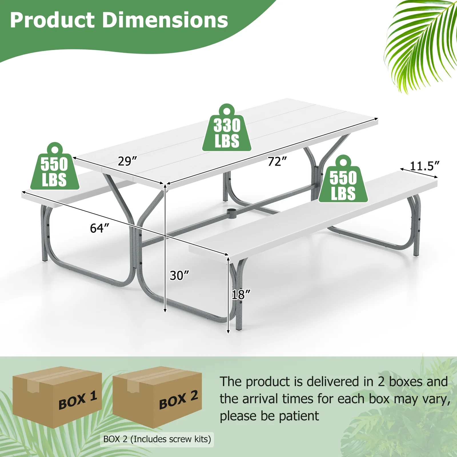 6 FT Picnic Table Bench Set, Metal Frame, HDPE Tabletop, White - Image 6