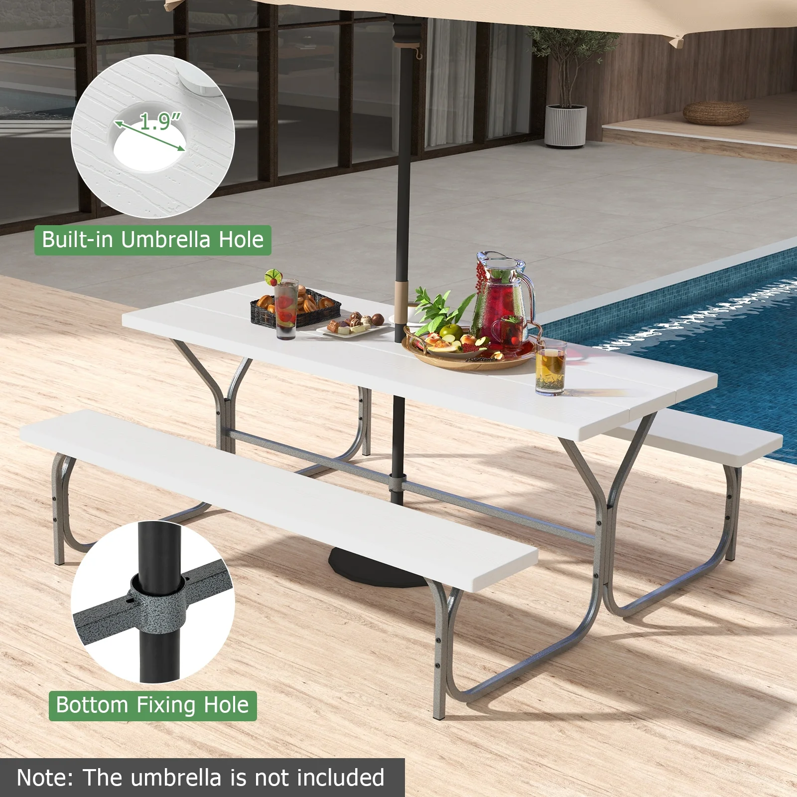 6 FT Picnic Table Bench Set, Metal Frame, HDPE Tabletop, White - Image 7