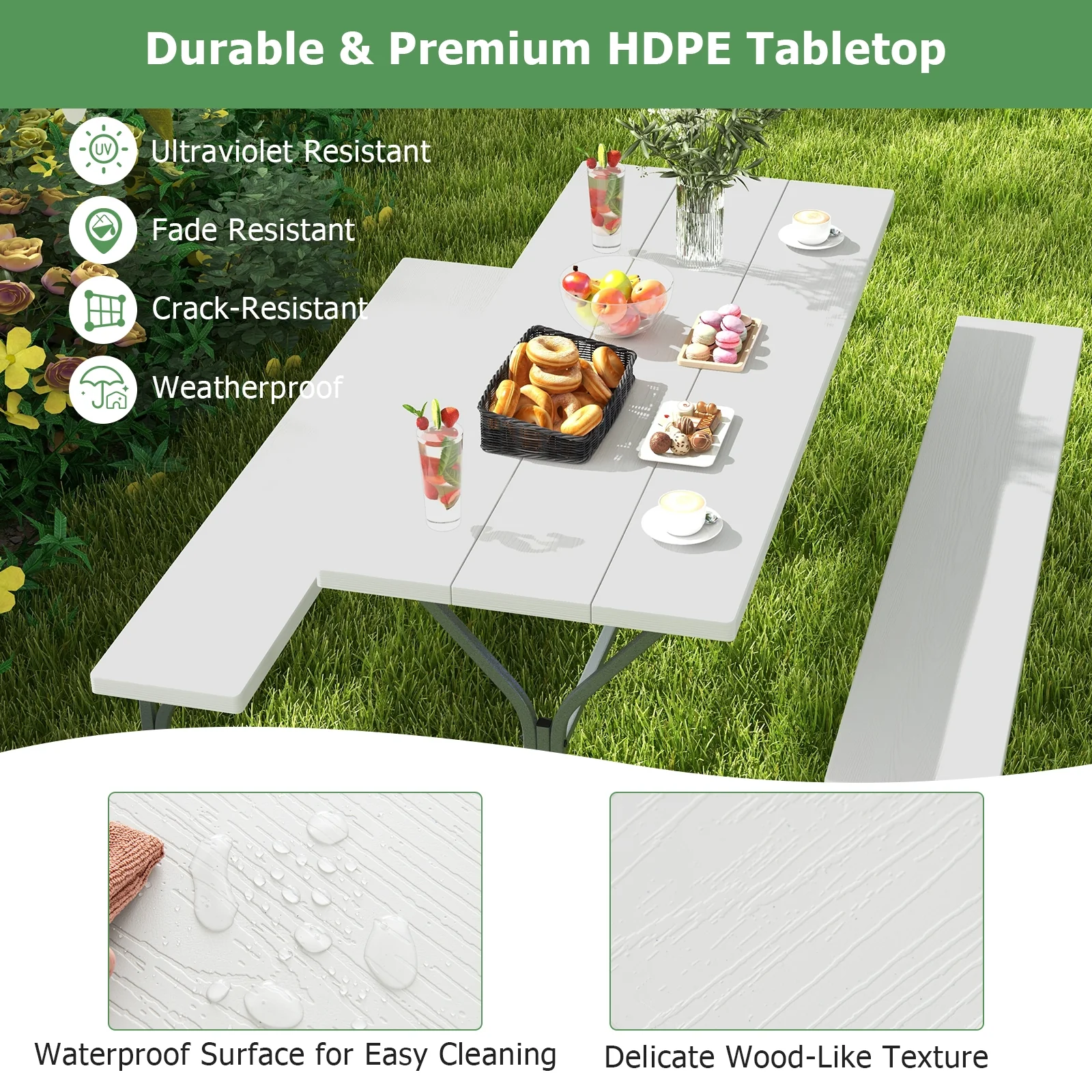 6 FT Picnic Table Bench Set, Metal Frame, HDPE Tabletop, White - Image 9