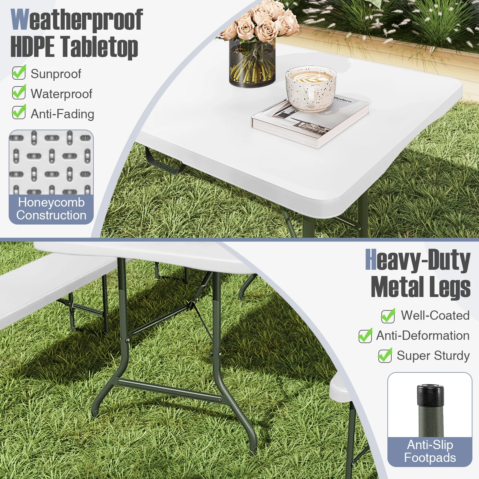 6 Ft Portable Folding Table, 350 Lbs Capacity, White - Image 7