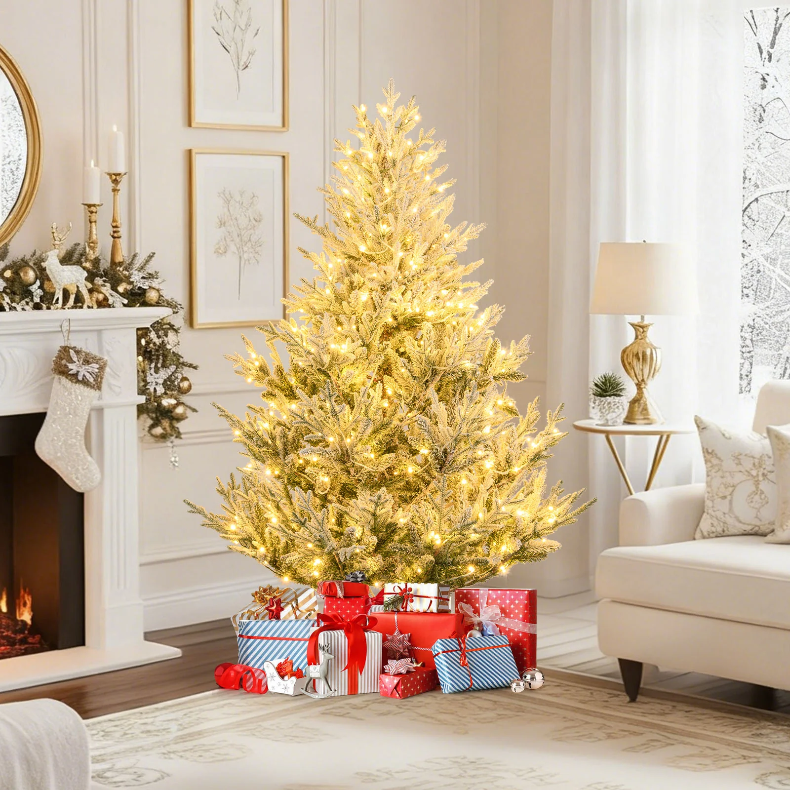 6 Ft Pre-Lit Artificial Christmas Tree, Hinged Snow Flocked, Green - Image 2