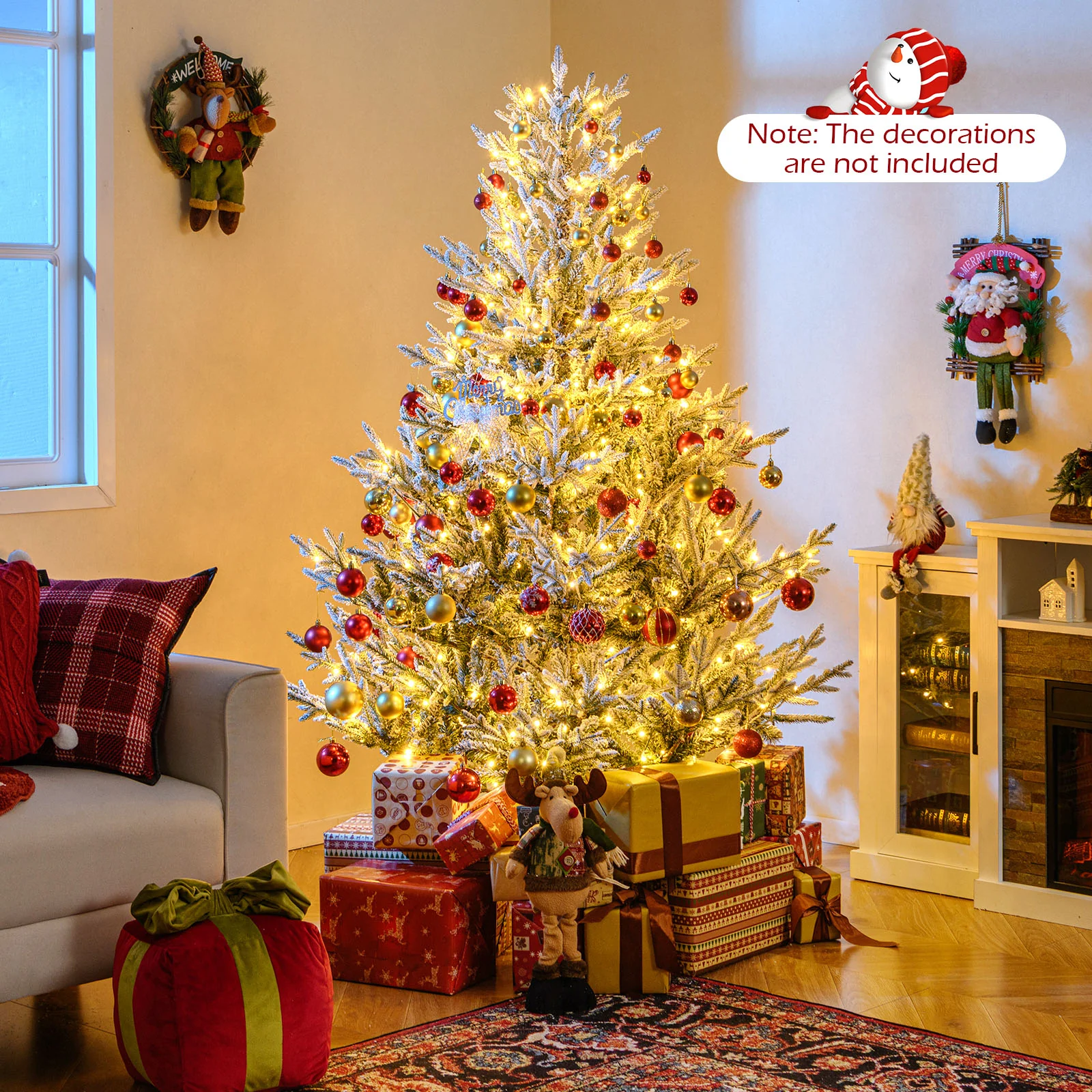 6 Ft Pre-Lit Artificial Christmas Tree, Hinged Snow Flocked, Green - Image 3