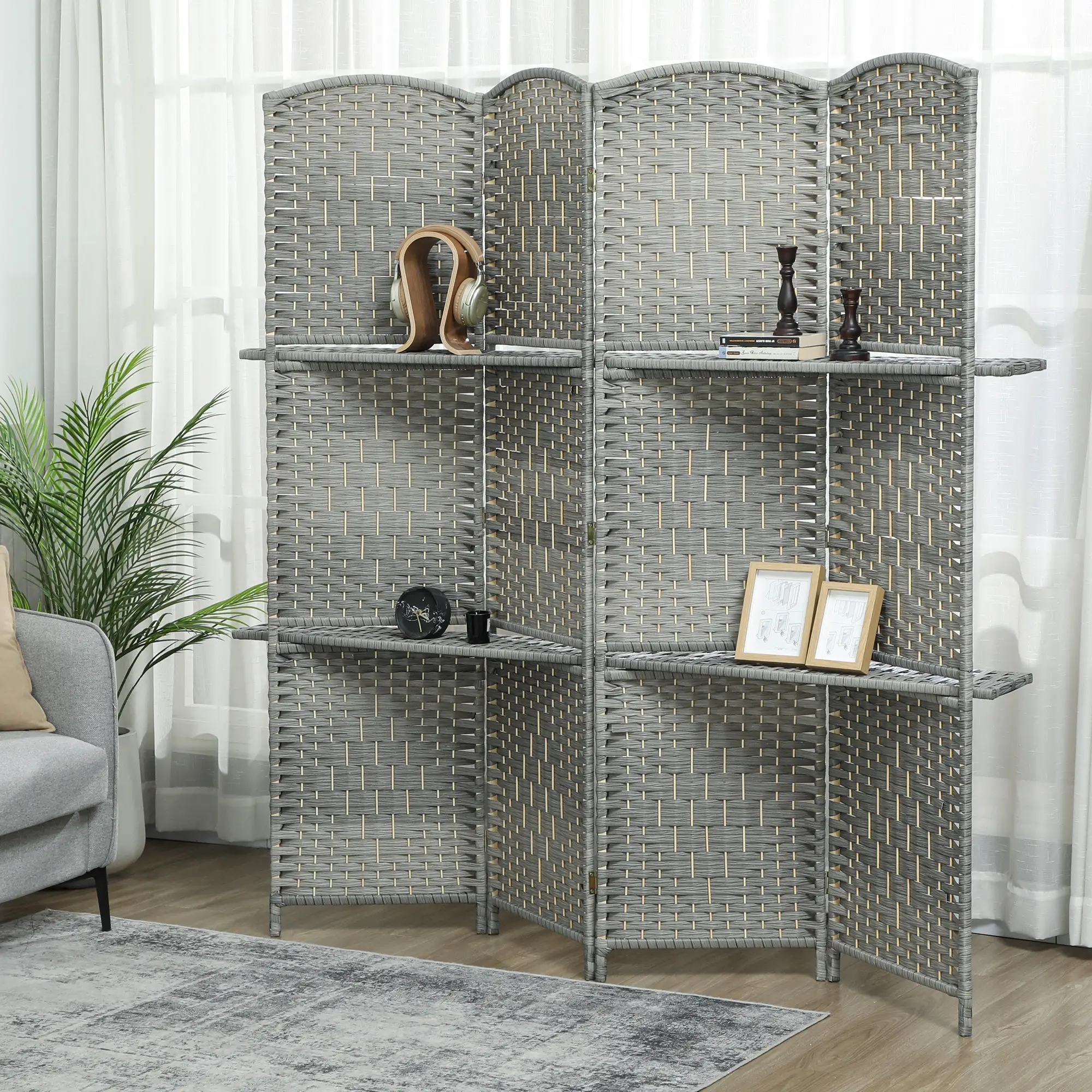 6 FT Privacy Screen, 4 Panel Room Divider With Shelves, Grey - Image 10