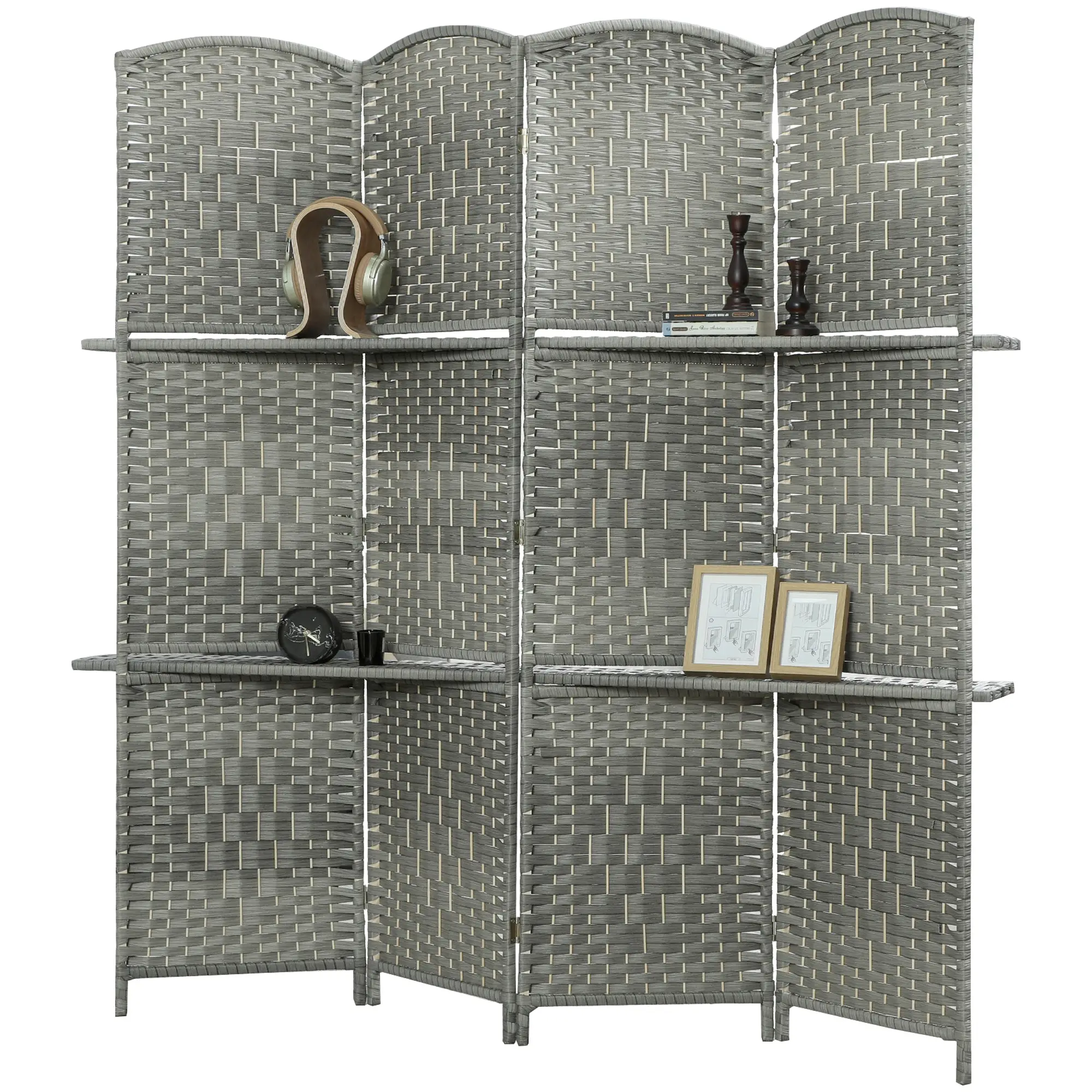 6 FT Privacy Screen, 4 Panel Room Divider With Shelves, Grey - Image 11