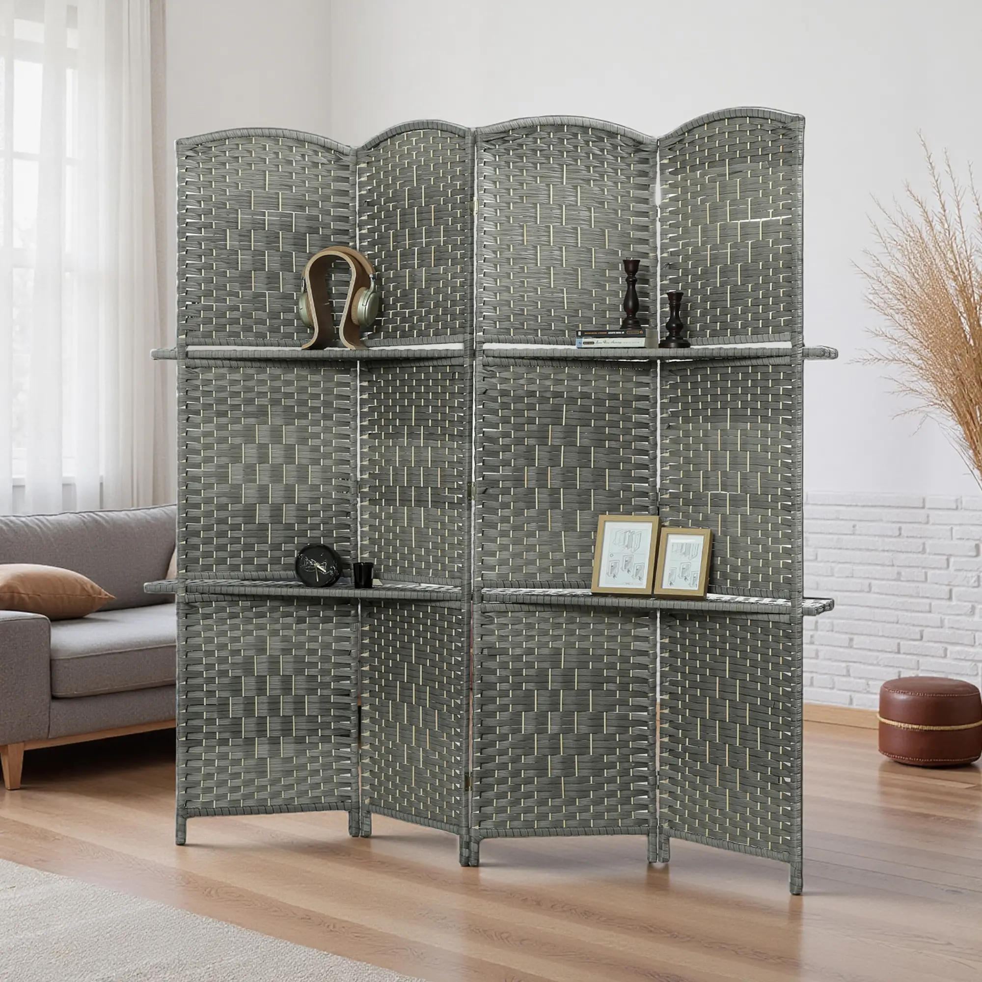 6 FT Privacy Screen, 4 Panel Room Divider With Shelves, Grey - Image 2
