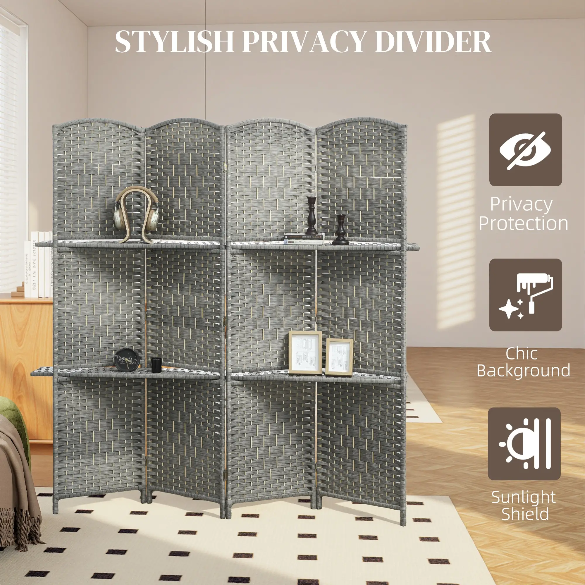 6 FT Privacy Screen, 4 Panel Room Divider With Shelves, Grey - Image 4