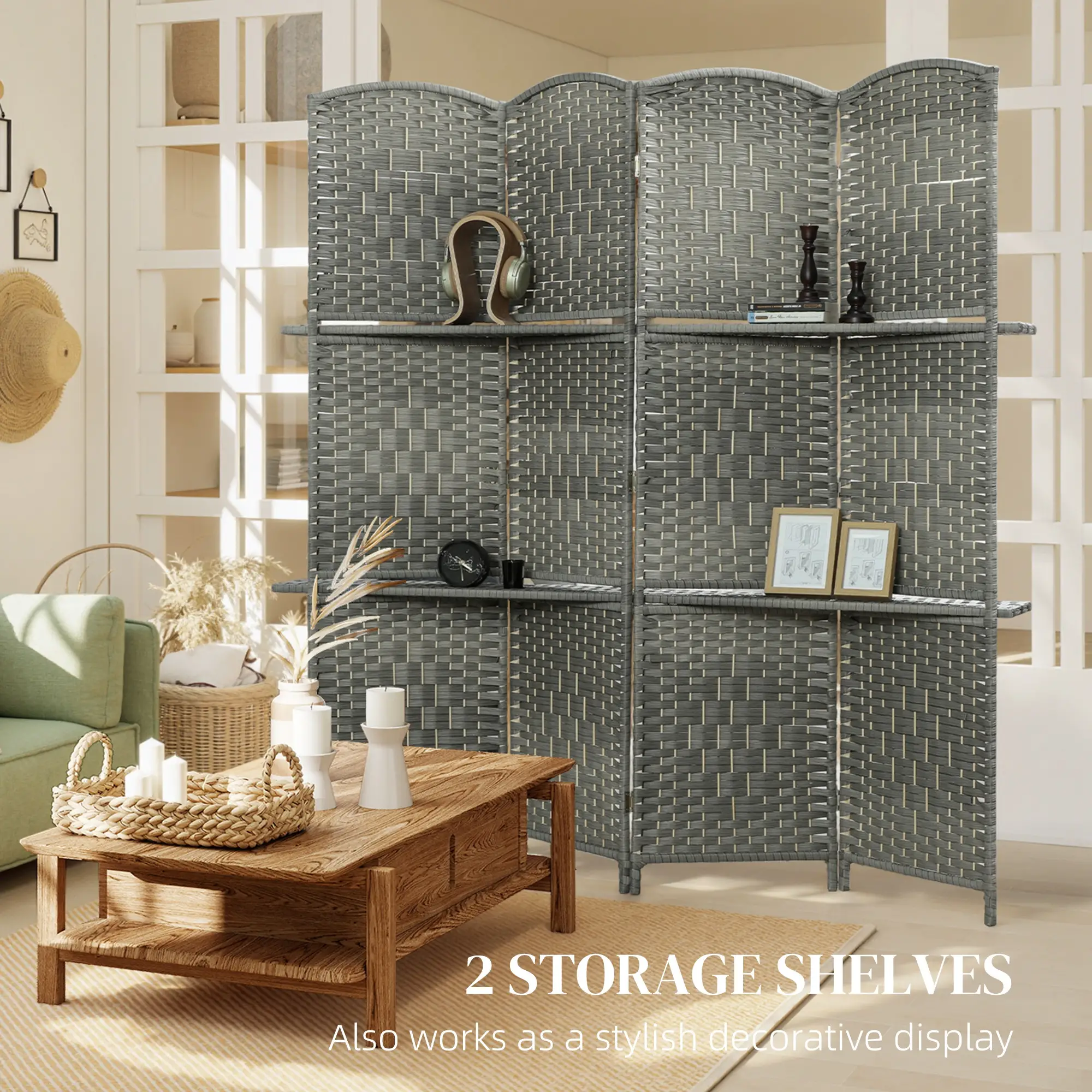6 FT Privacy Screen, 4 Panel Room Divider With Shelves, Grey - Image 5