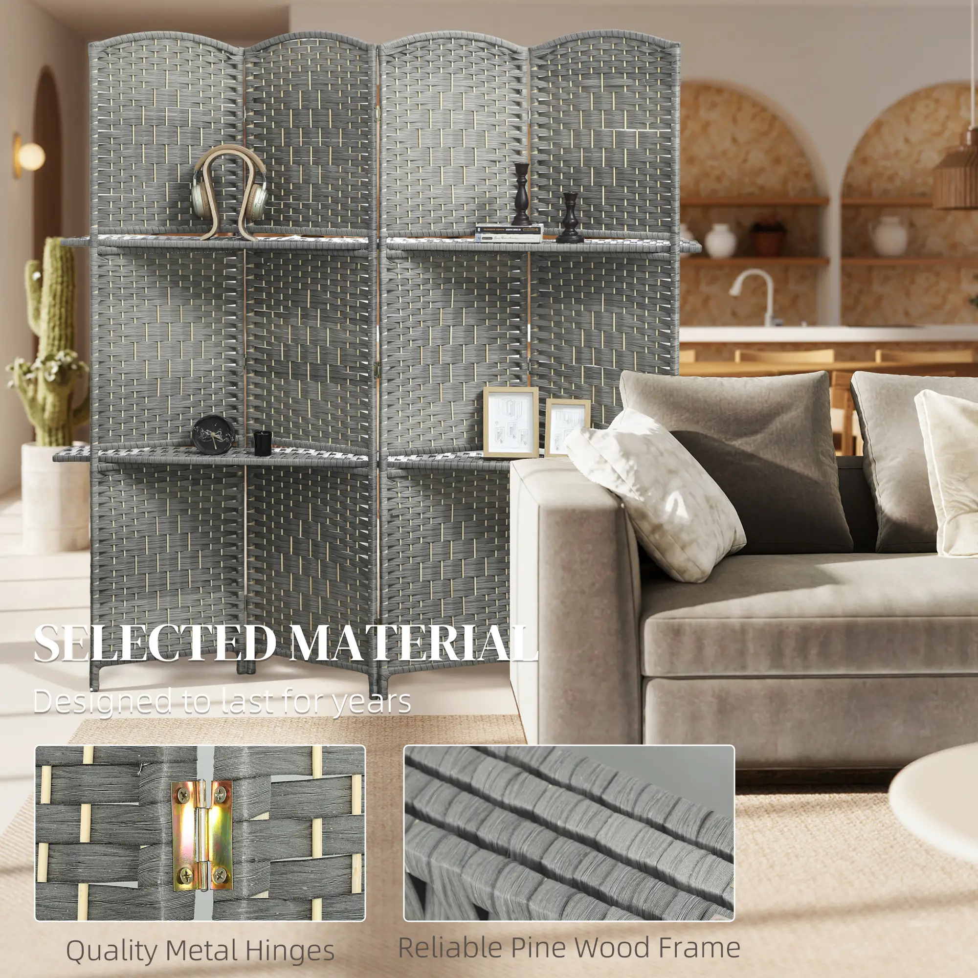 6 FT Privacy Screen, 4 Panel Room Divider With Shelves, Grey - Image 7