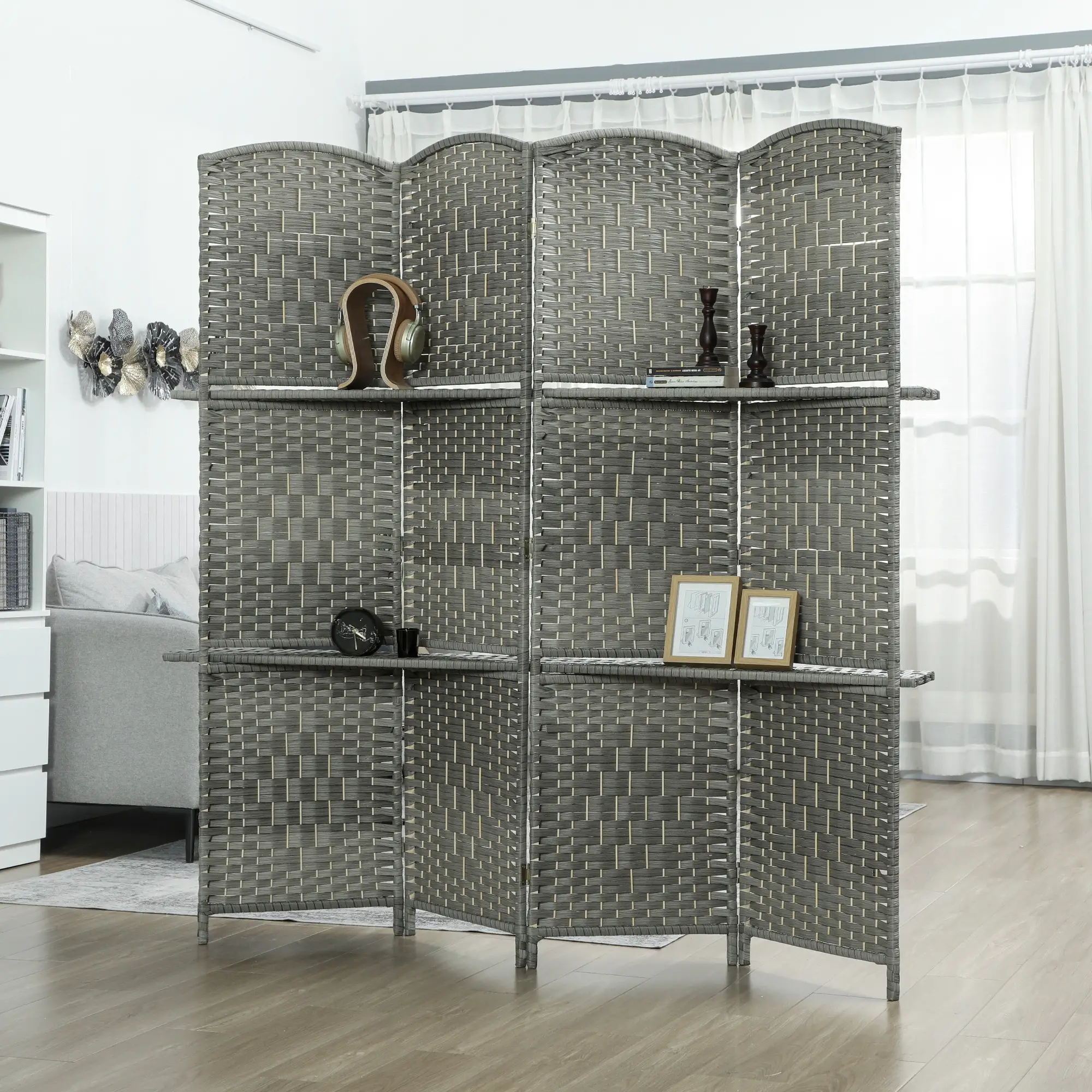 6 FT Privacy Screen, 4 Panel Room Divider With Shelves, Grey - Image 8