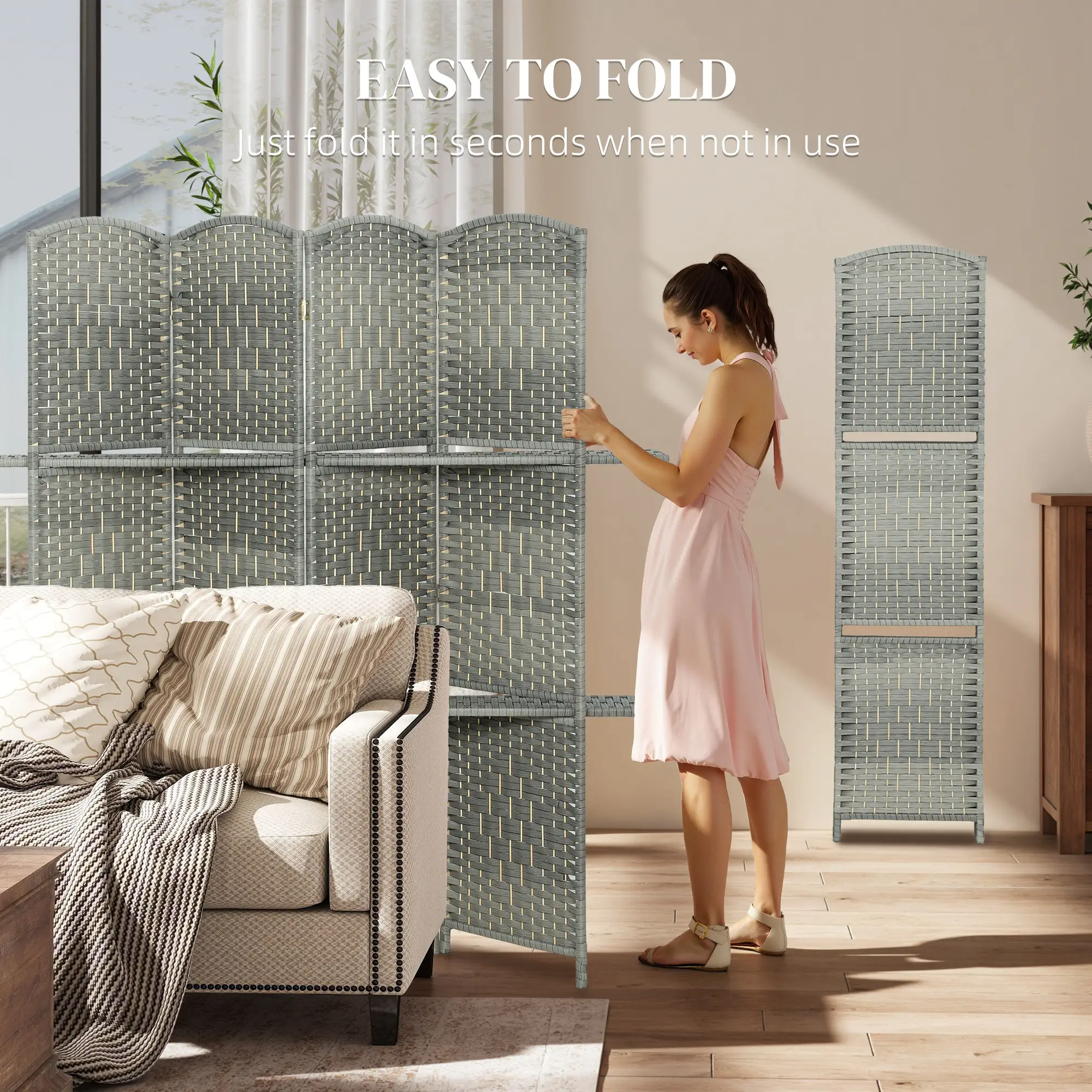 6 FT Privacy Screen, 4 Panel Room Divider With Shelves, Grey - Image 9