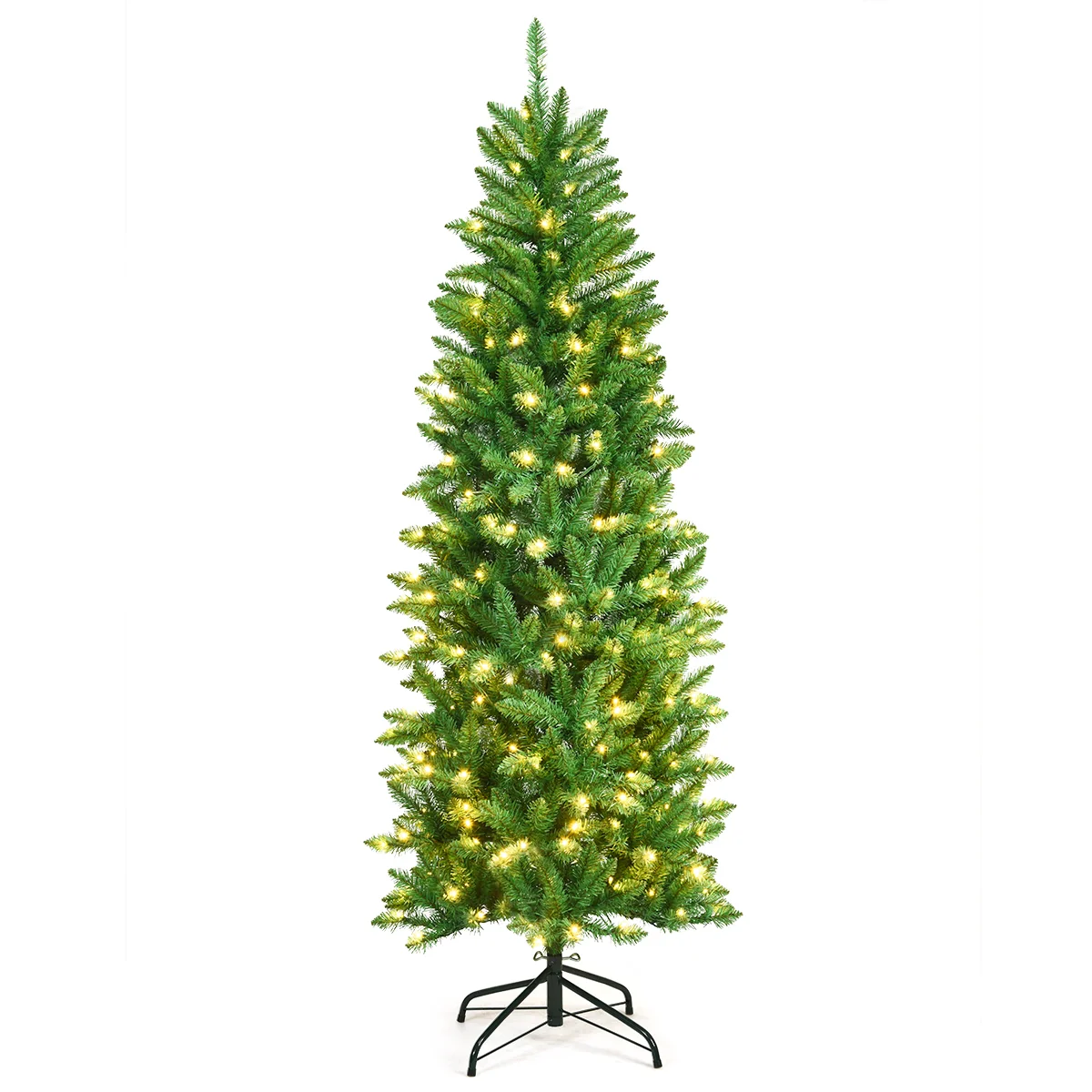 6 ft PVC Hinged Pre-lit Artificial Fir Pencil Christmas Tree, 150 Lights, Green