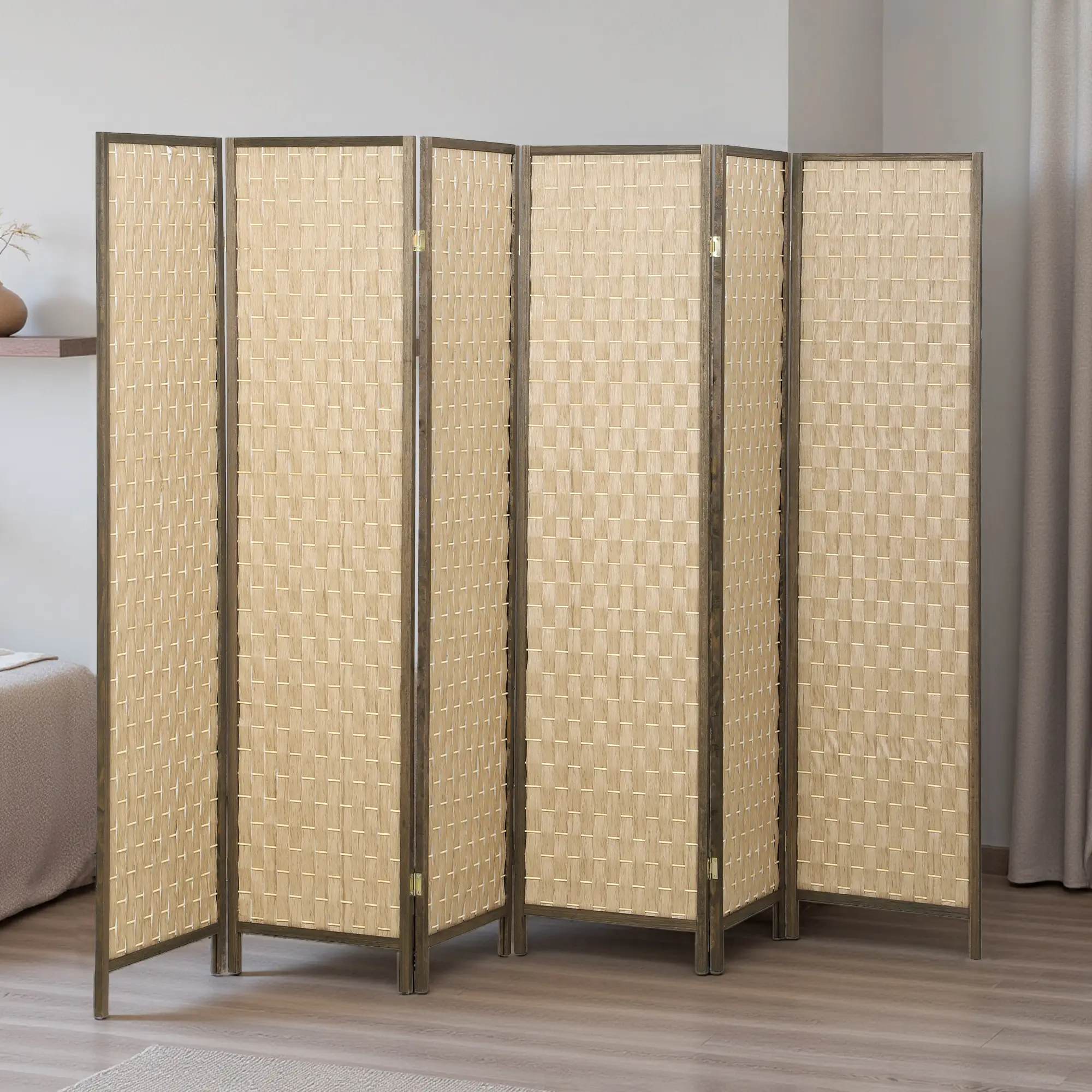 6 FT Room Divider, 6 Panel Folding Privacy Screen, Brown - Image 2