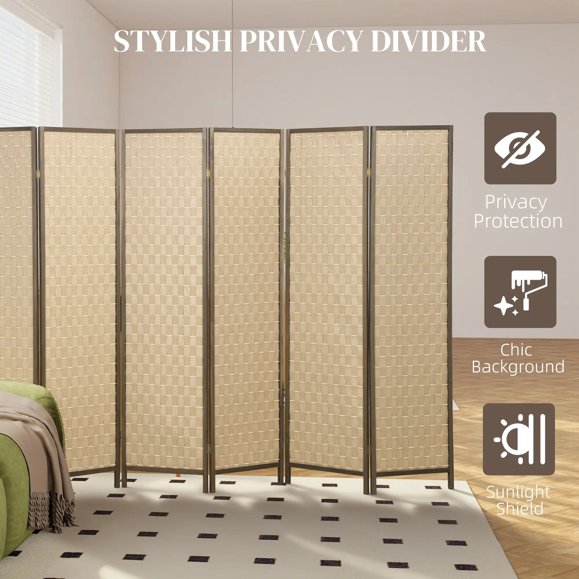 6 FT Room Divider, 6 Panel Folding Privacy Screen, Brown - Image 4