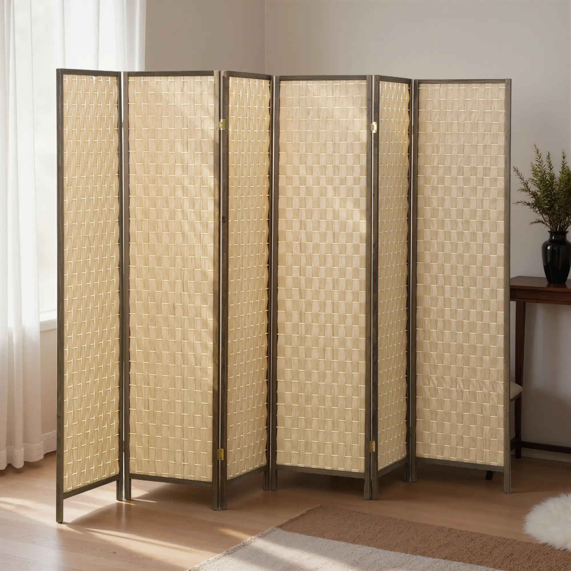 6 FT Room Divider, 6 Panel Folding Privacy Screen, Brown - Image 9