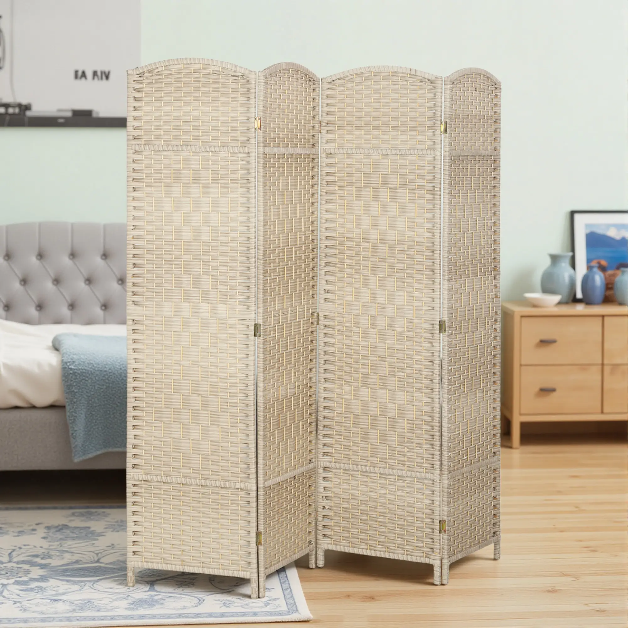 6 Ft Tall Folding Room Divider, 4 Panel Privacy Screen, Light Oak - Image 2