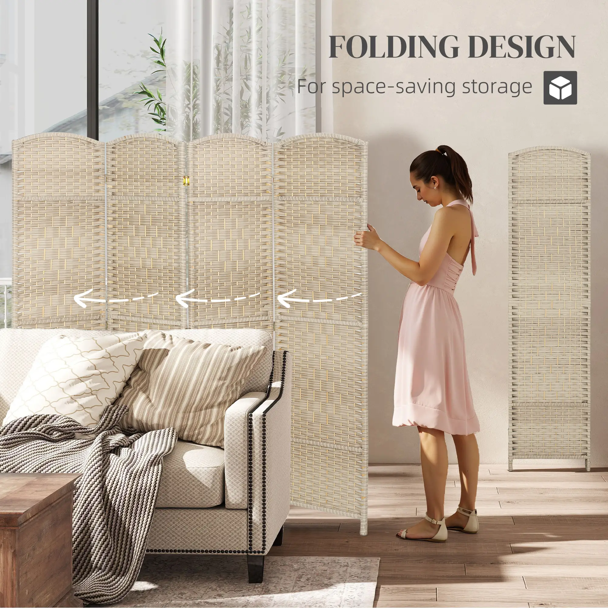 6 Ft Tall Folding Room Divider, 4 Panel Privacy Screen, Light Oak - Image 4