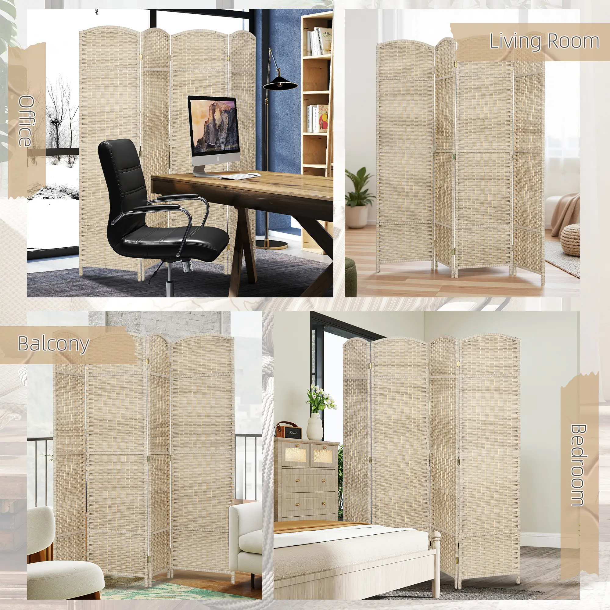 6 Ft Tall Folding Room Divider, 4 Panel Privacy Screen, Light Oak - Image 7