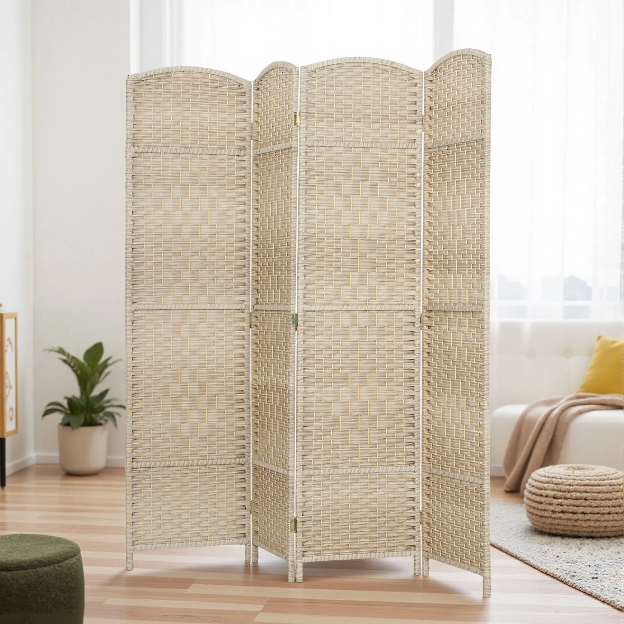 6 Ft Tall Folding Room Divider, 4 Panel Privacy Screen, Light Oak - Image 8