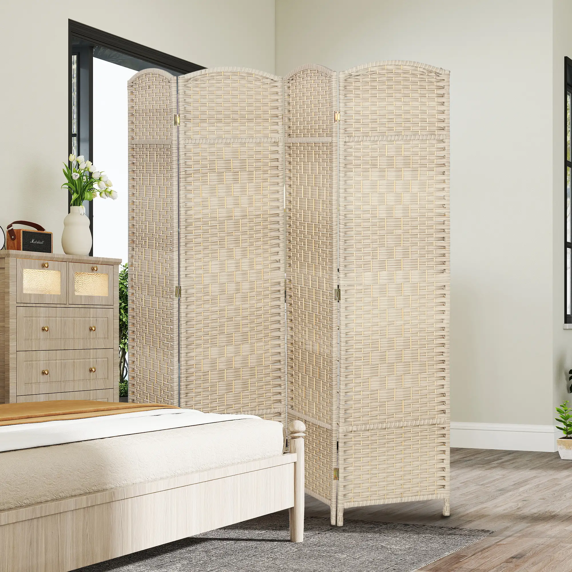 6 Ft Tall Folding Room Divider, 4 Panel Privacy Screen, Light Oak - Image 9