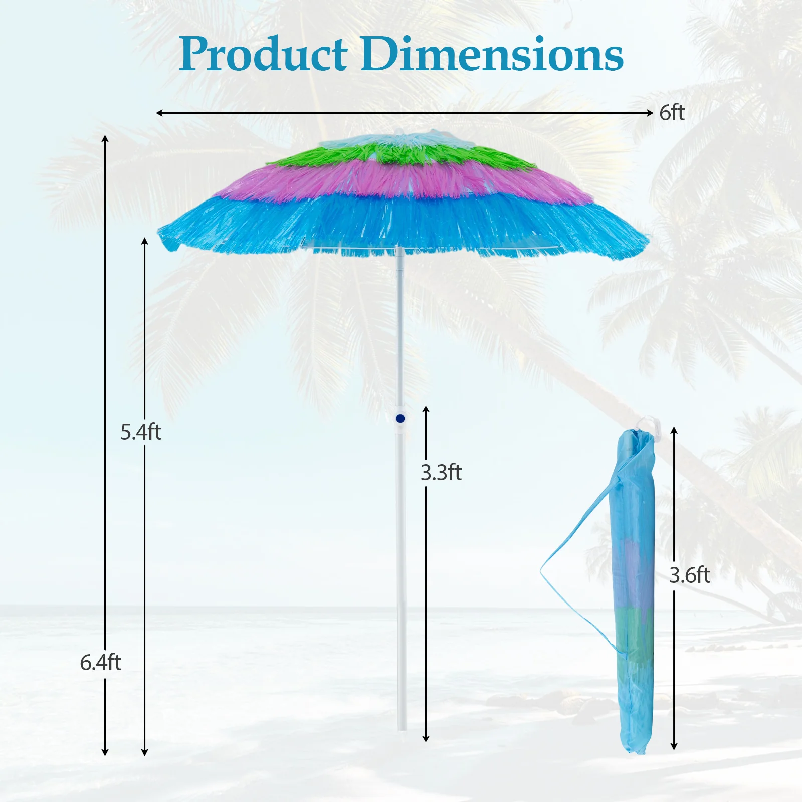 6 FT Tiki Thatched Patio Beach Umbrella, Push Button Tilt, Multicolor - Image 5