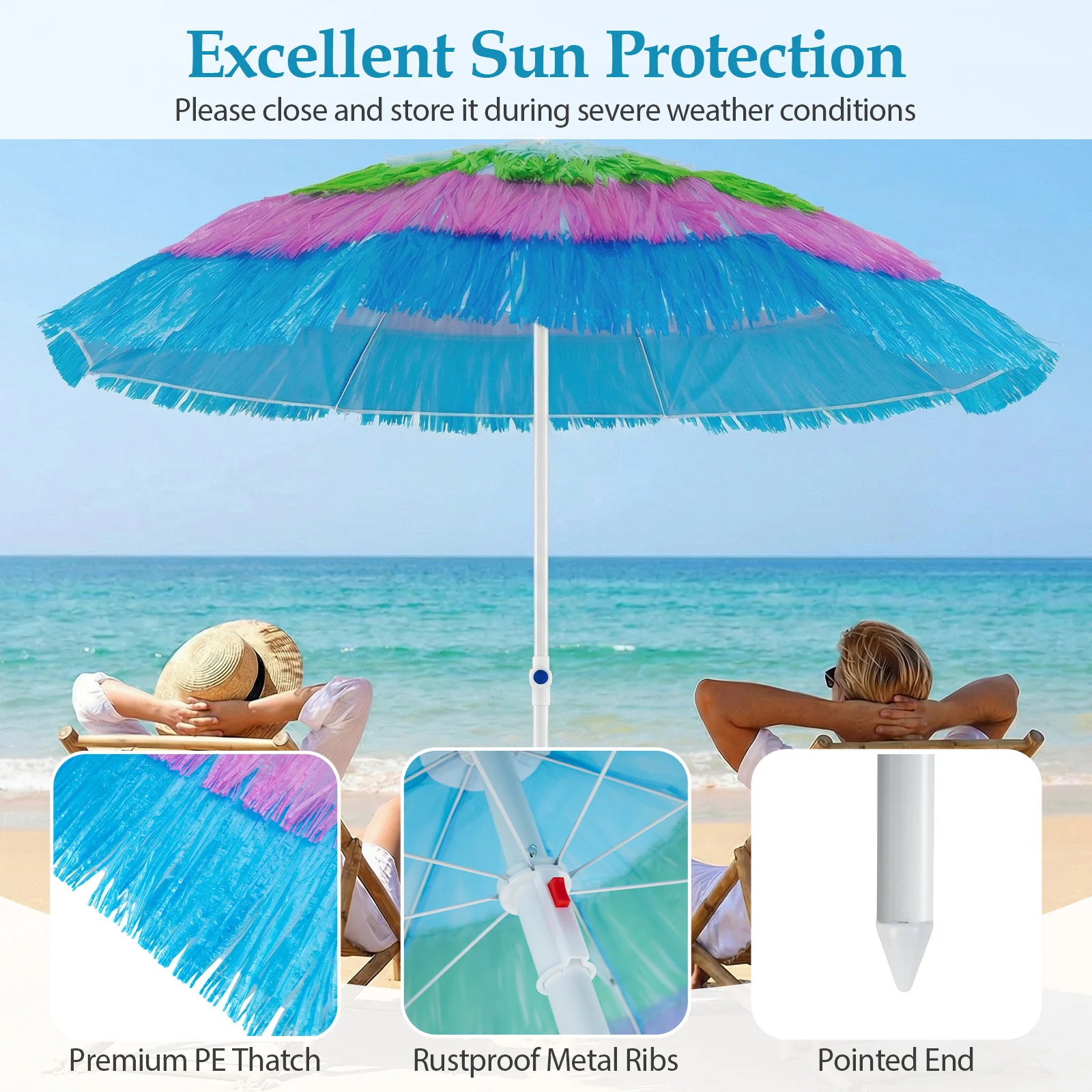 6 FT Tiki Thatched Patio Beach Umbrella, Push Button Tilt, Multicolor - Image 8