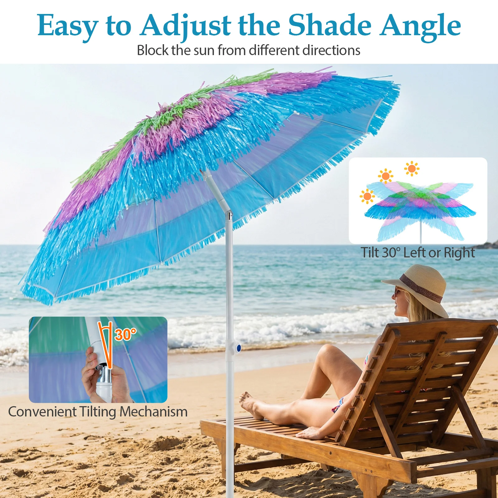 6 FT Tiki Thatched Patio Beach Umbrella, Push Button Tilt, Multicolor - Image 9