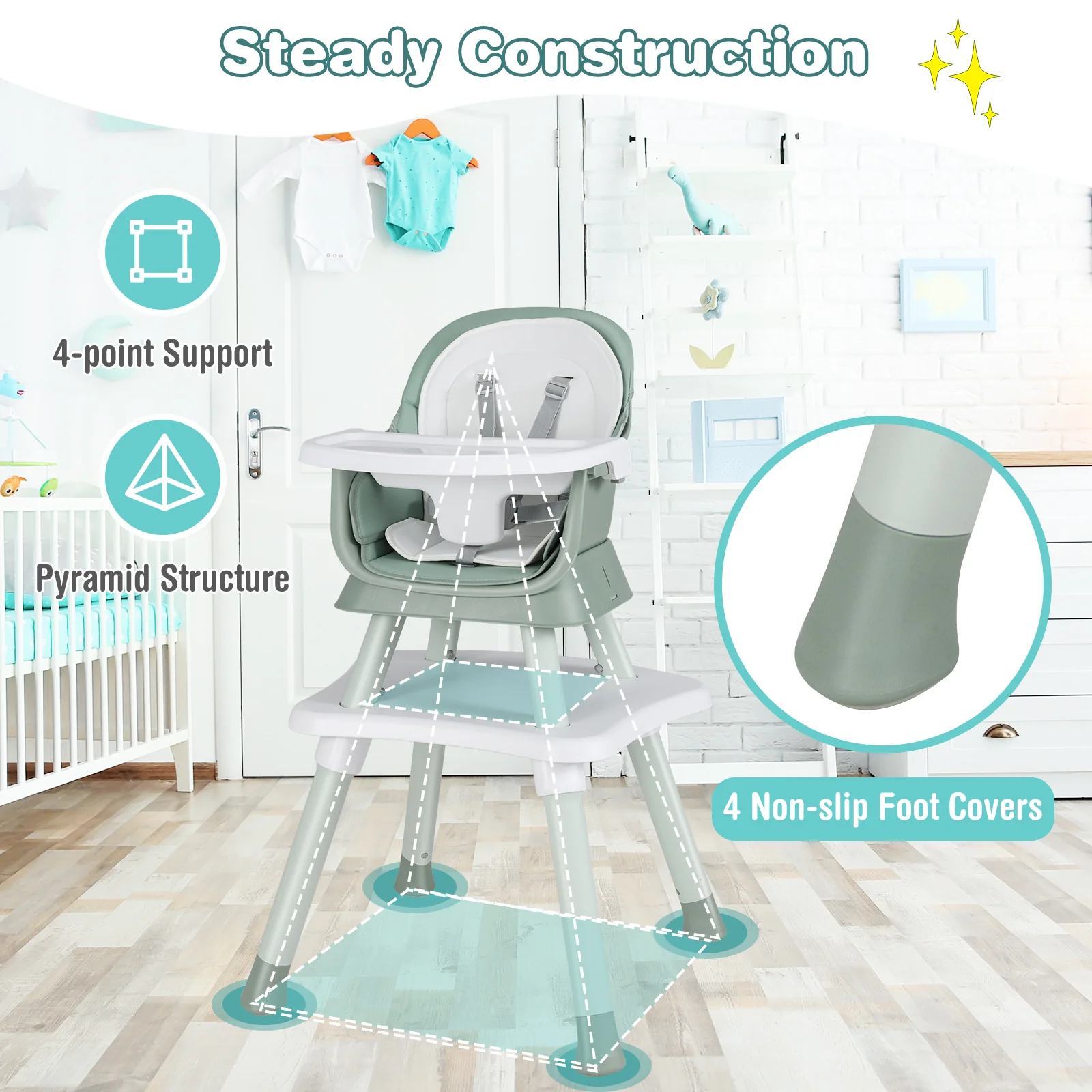 6-In-1 Convertible High Chair, Adjustable Removable Tray, Green - Image 10