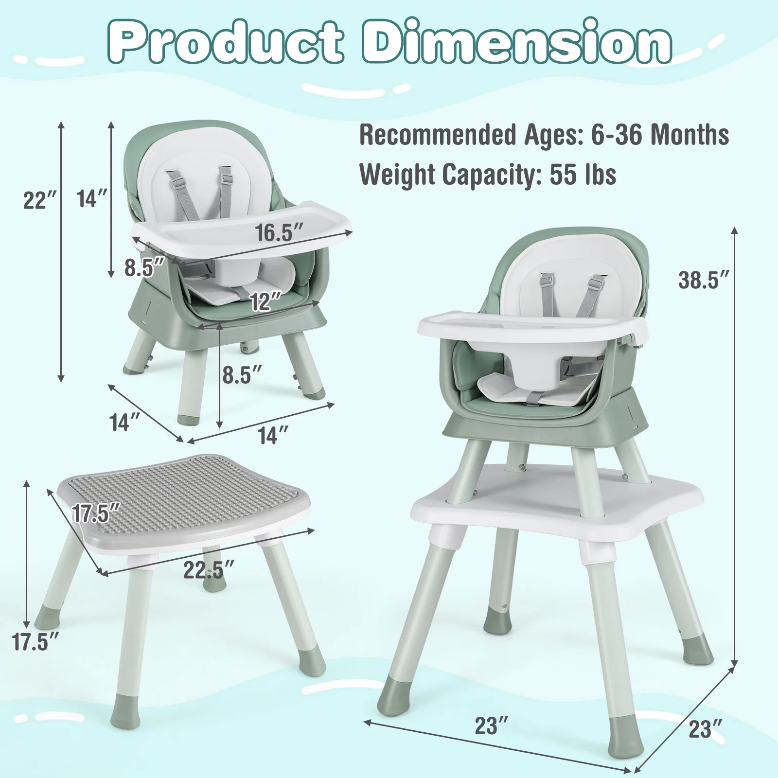 6-In-1 Convertible High Chair, Adjustable Removable Tray, Green - Image 4