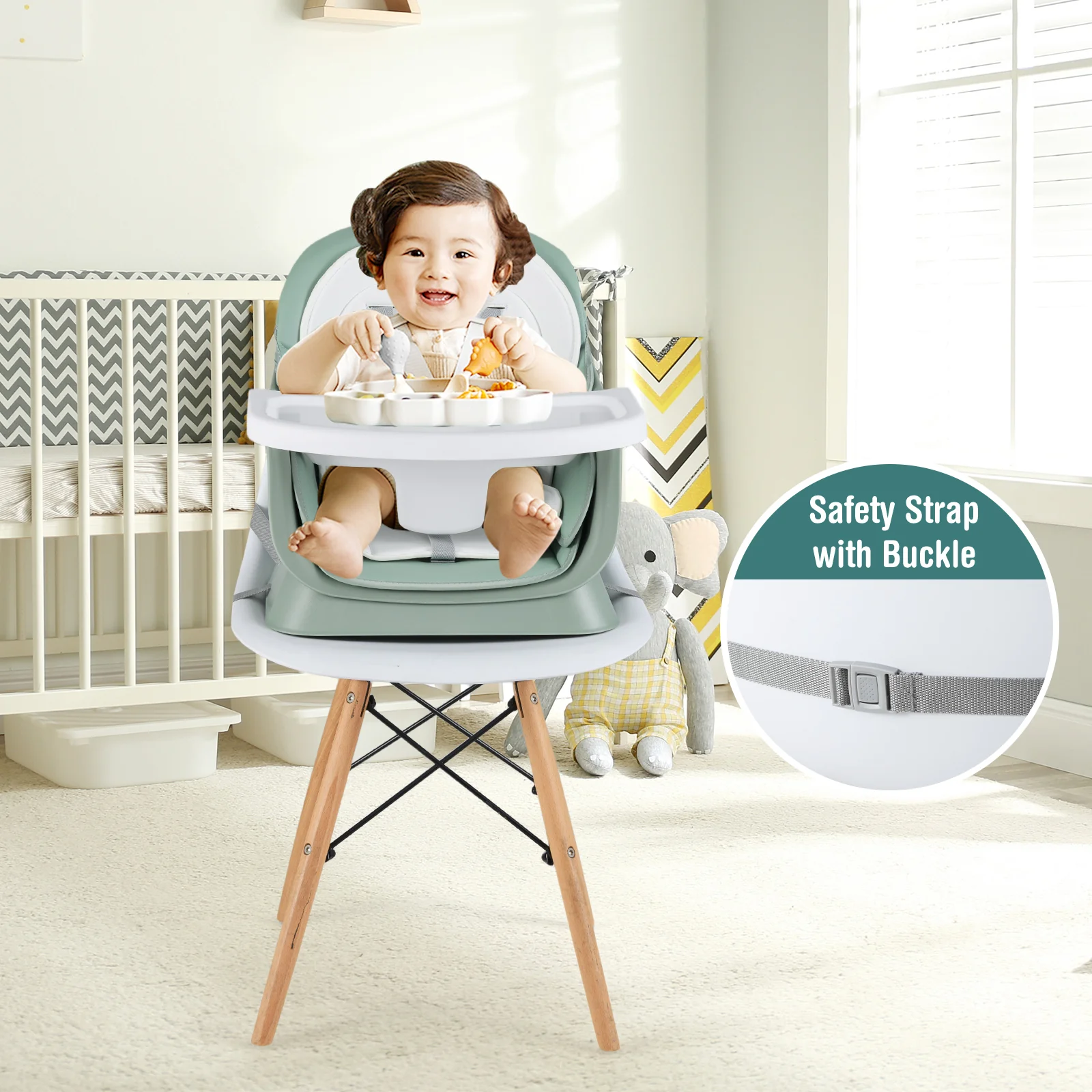 6-In-1 Convertible High Chair, Adjustable Removable Tray, Green - Image 6