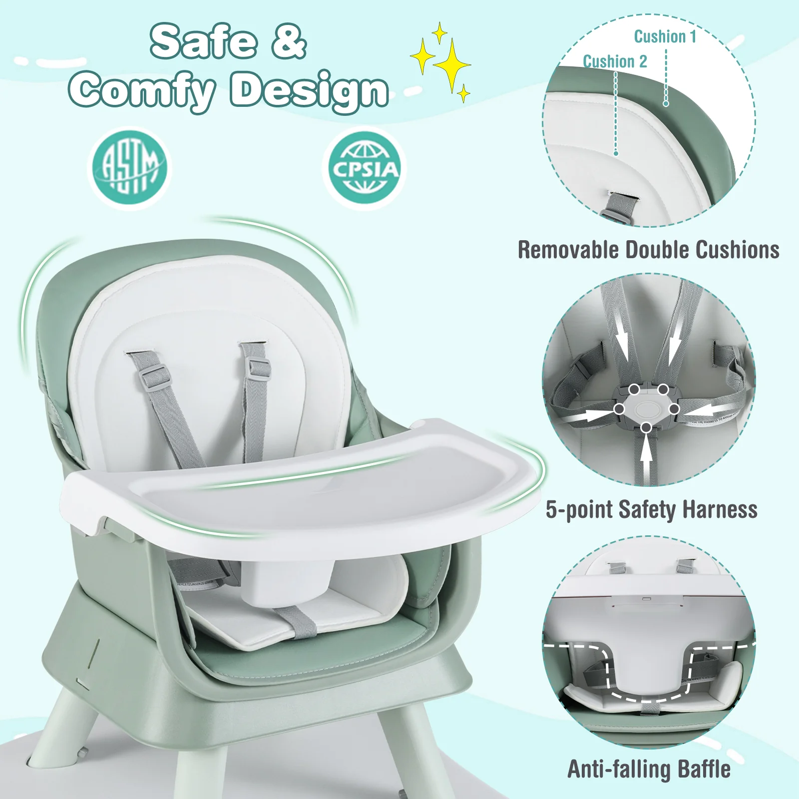 6-In-1 Convertible High Chair, Adjustable Removable Tray, Green - Image 7