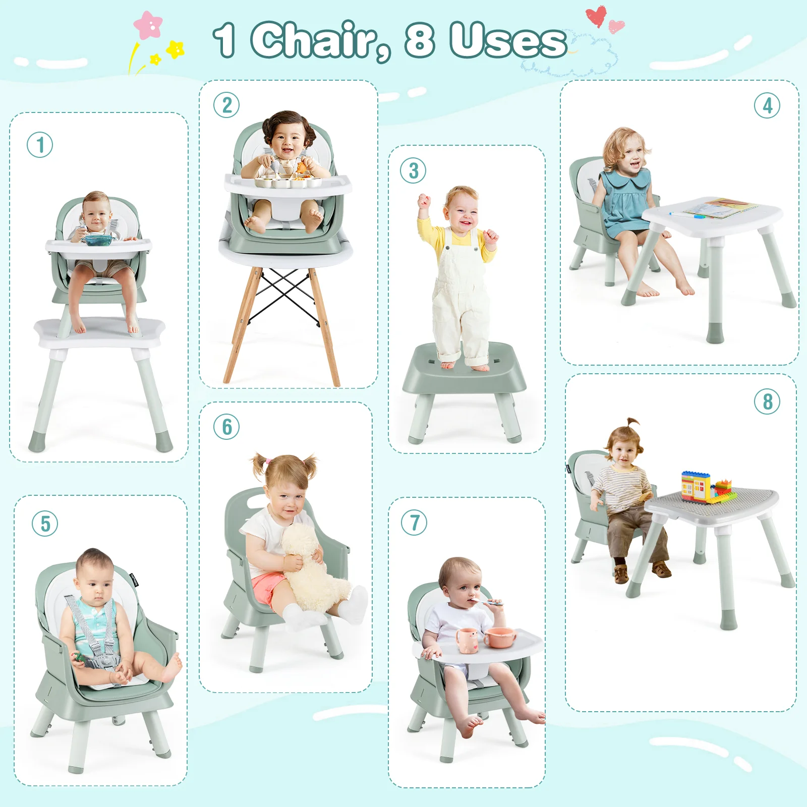 6-In-1 Convertible High Chair, Adjustable Removable Tray, Green - Image 8