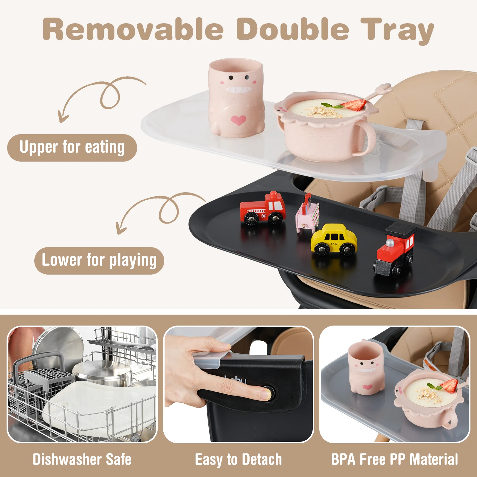 6 In 1 Convertible Highchair, Safety Harness, Removable Tray, Coffee - Image 6
