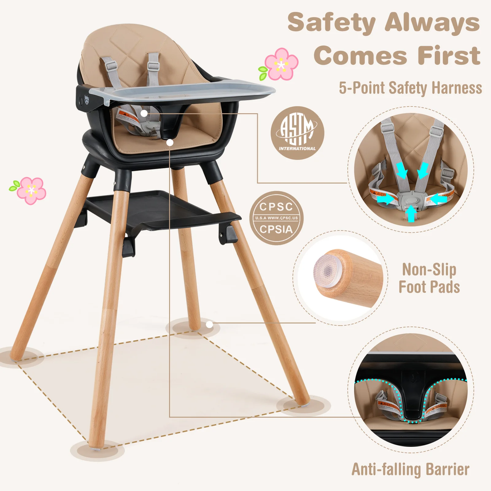 6 In 1 Convertible Highchair, Safety Harness, Removable Tray, Coffee - Image 7