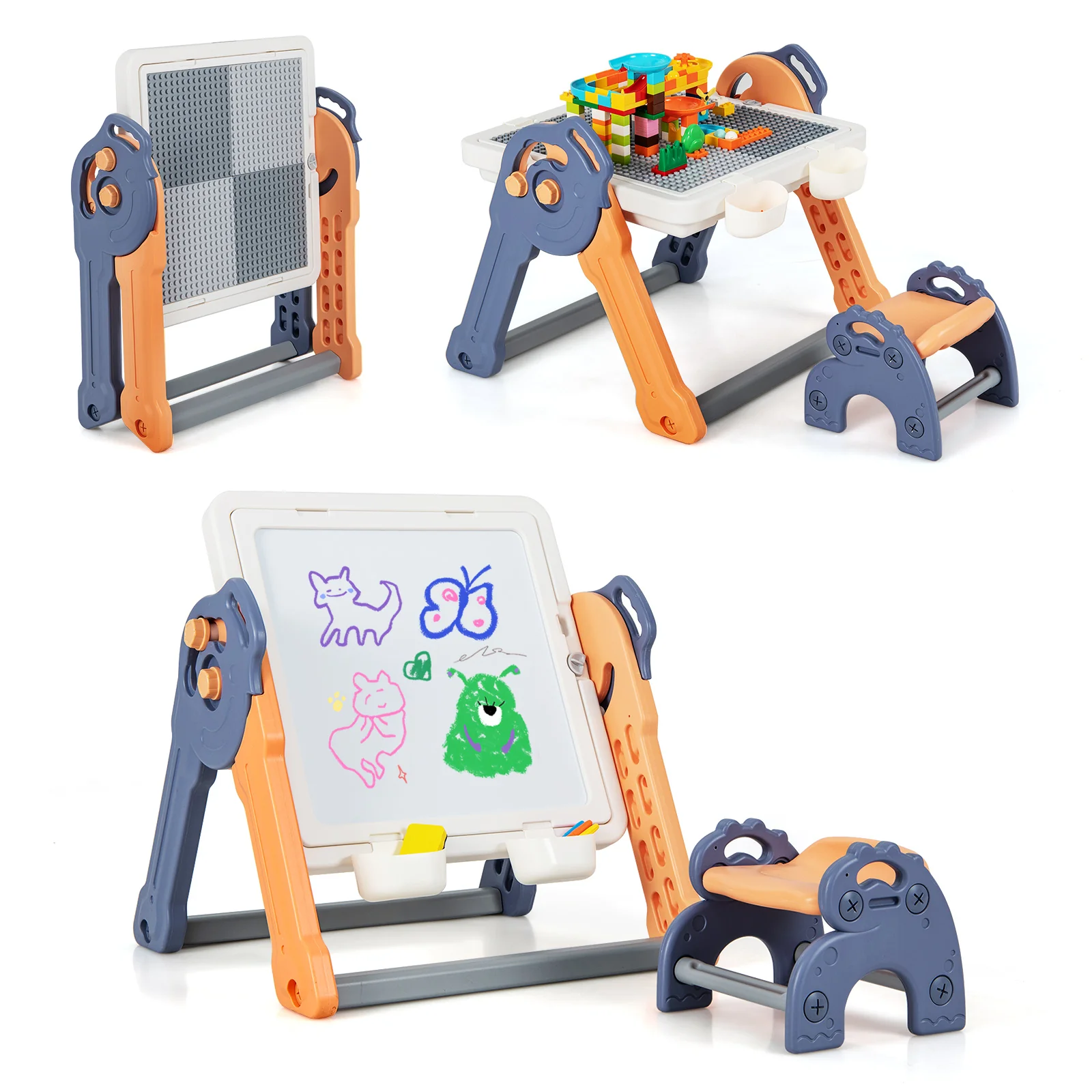 6-In-1 Folding Kids Art Easel With Reversible Building Block Tabletop