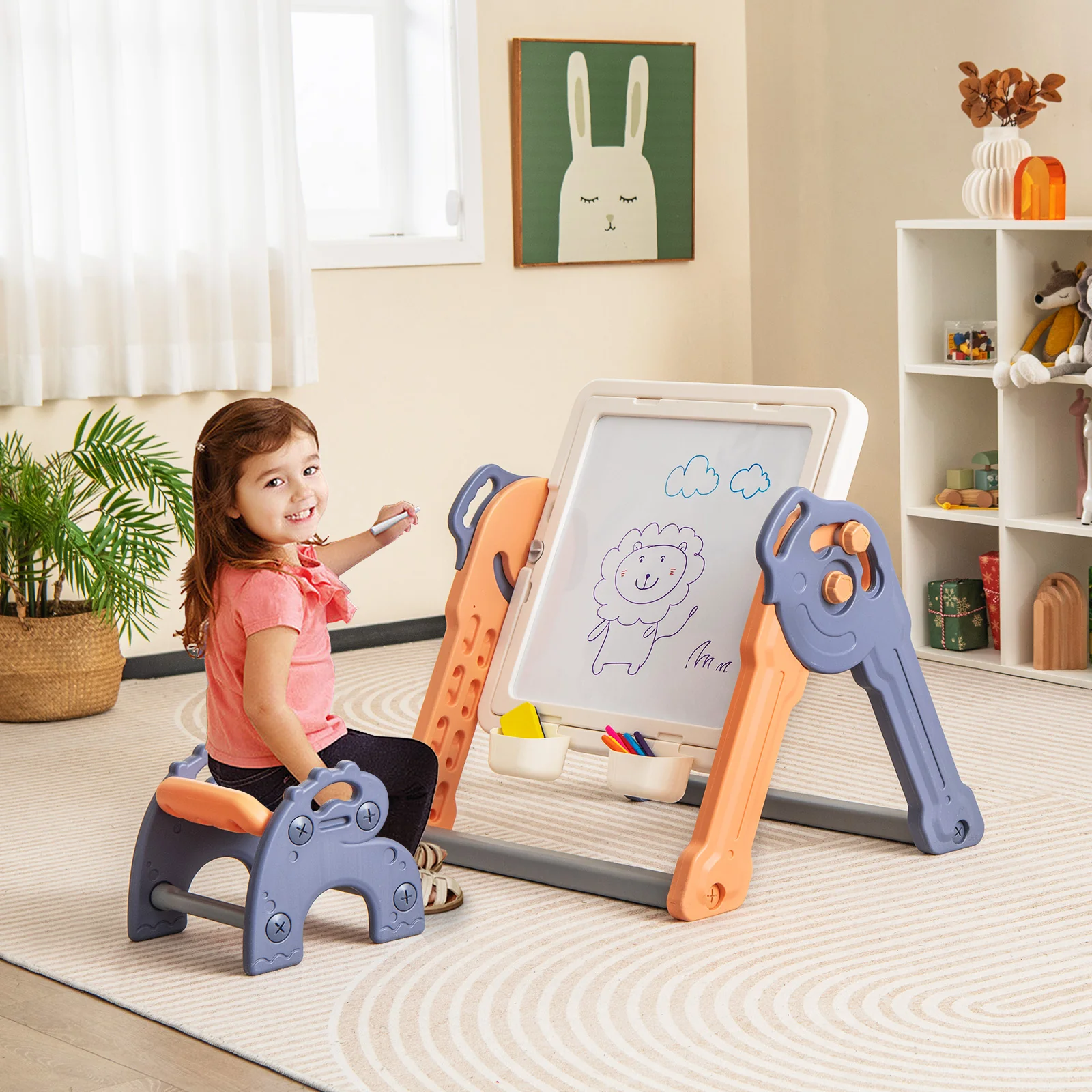 6-In-1 Folding Kids Art Easel With Reversible Building Block Tabletop - Image 2