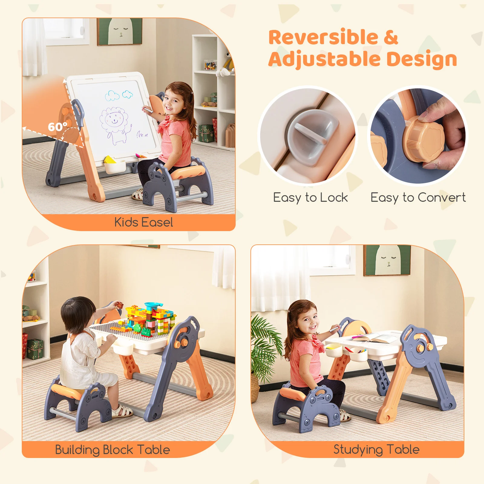 6-In-1 Folding Kids Art Easel With Reversible Building Block Tabletop - Image 8