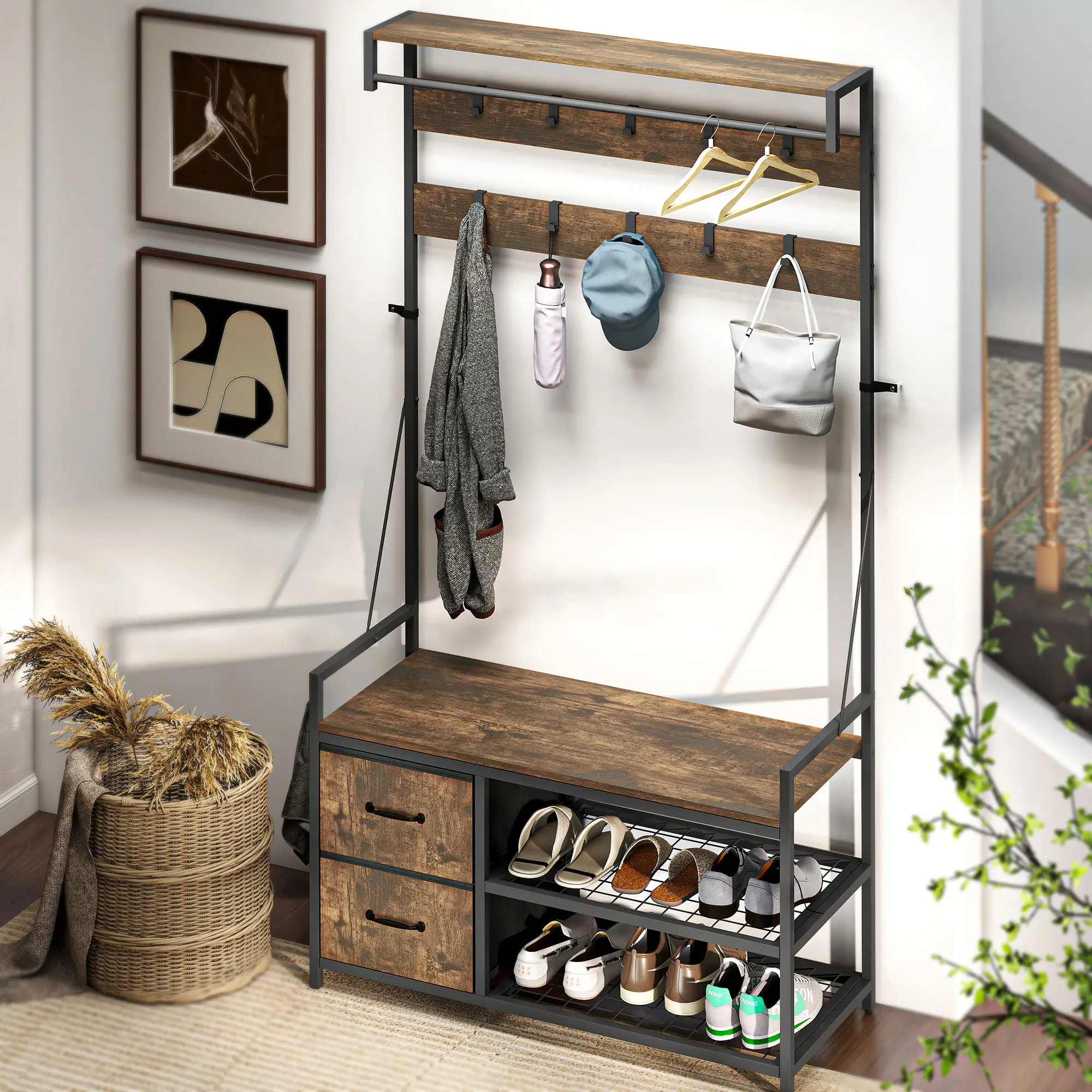 6-In-1 Hall Tree, Bench with Shoe Storage, 10 Hooks, 2 Fabric Drawers, Rustic Brown - Image 10