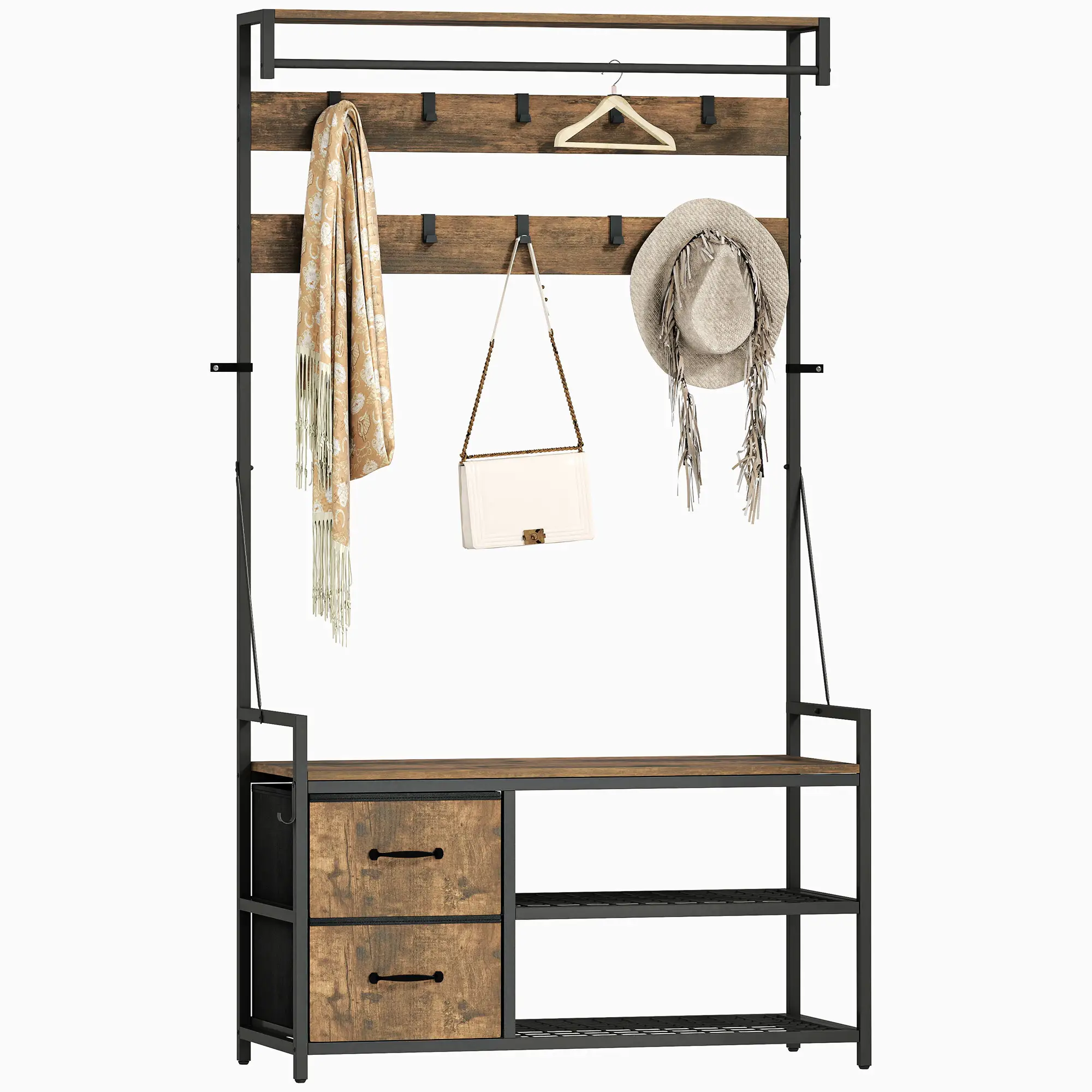 6-In-1 Hall Tree, Bench with Shoe Storage, 10 Hooks, 2 Fabric Drawers, Rustic Brown - Image 11